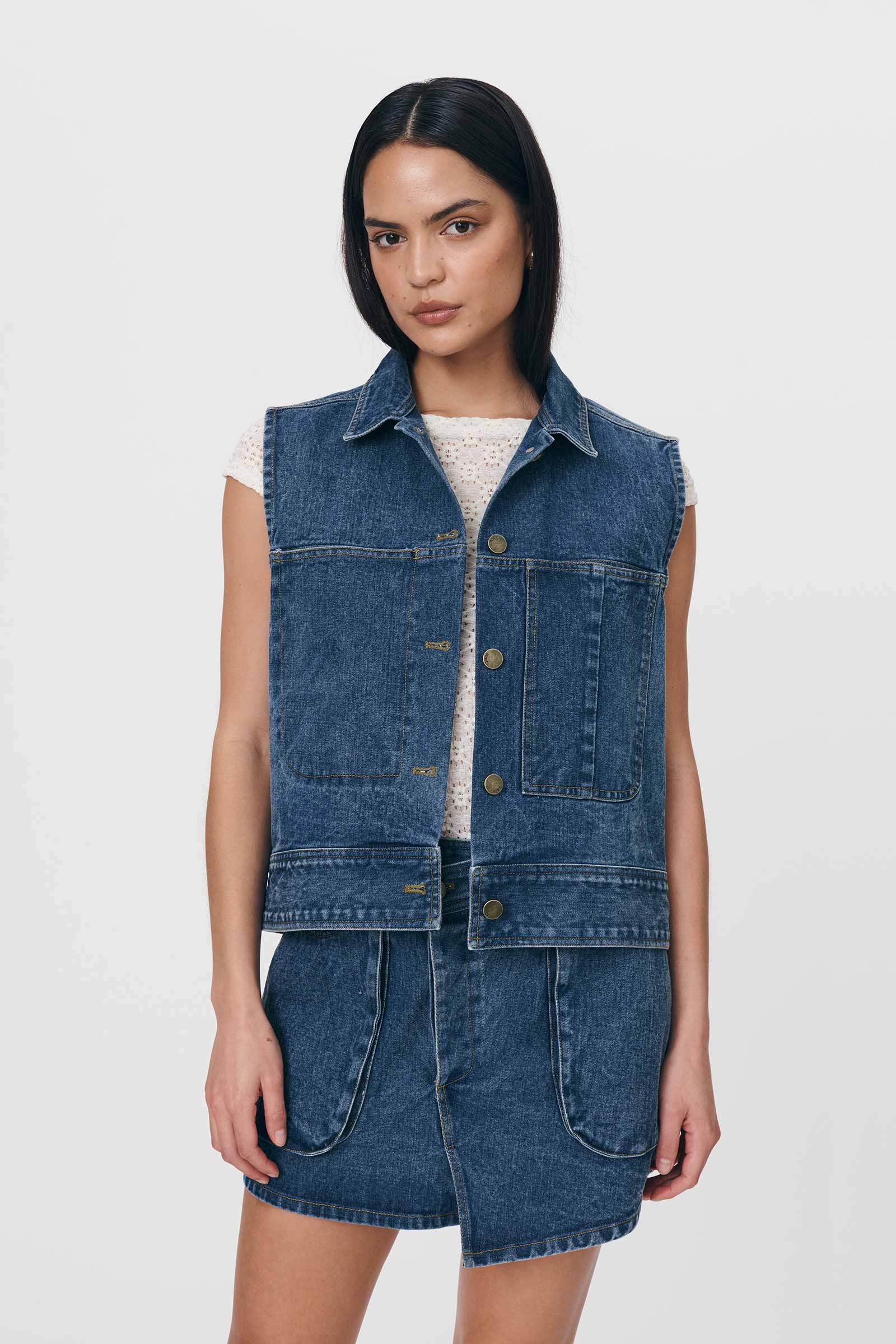 ￼ Eco Bio Washed Denim Jumper Vest Iko Organic Denim Vest in Washed Indigo | ROWIE Tops – ROWIE The Label