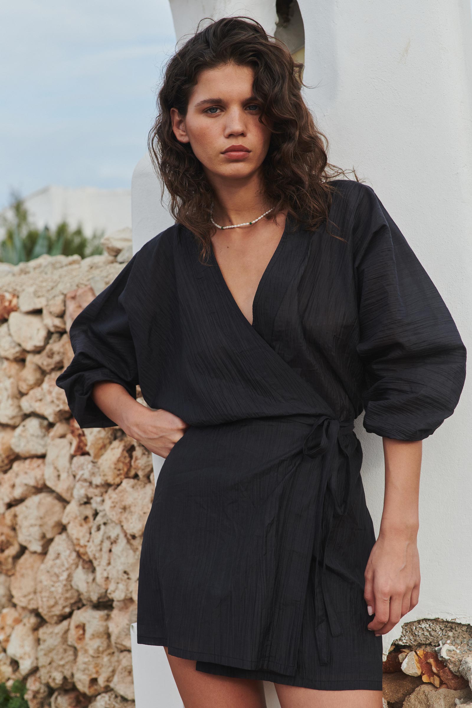 Isla Silk Wrap Mini Dress in Noir