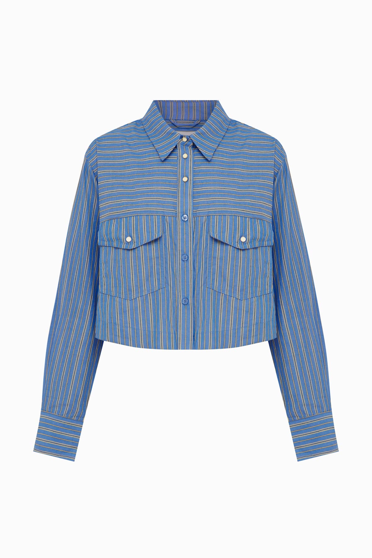 Cole Stripe Crop Shirt in Lagoon blue, isolated product image on white background, ROWIE the Label.