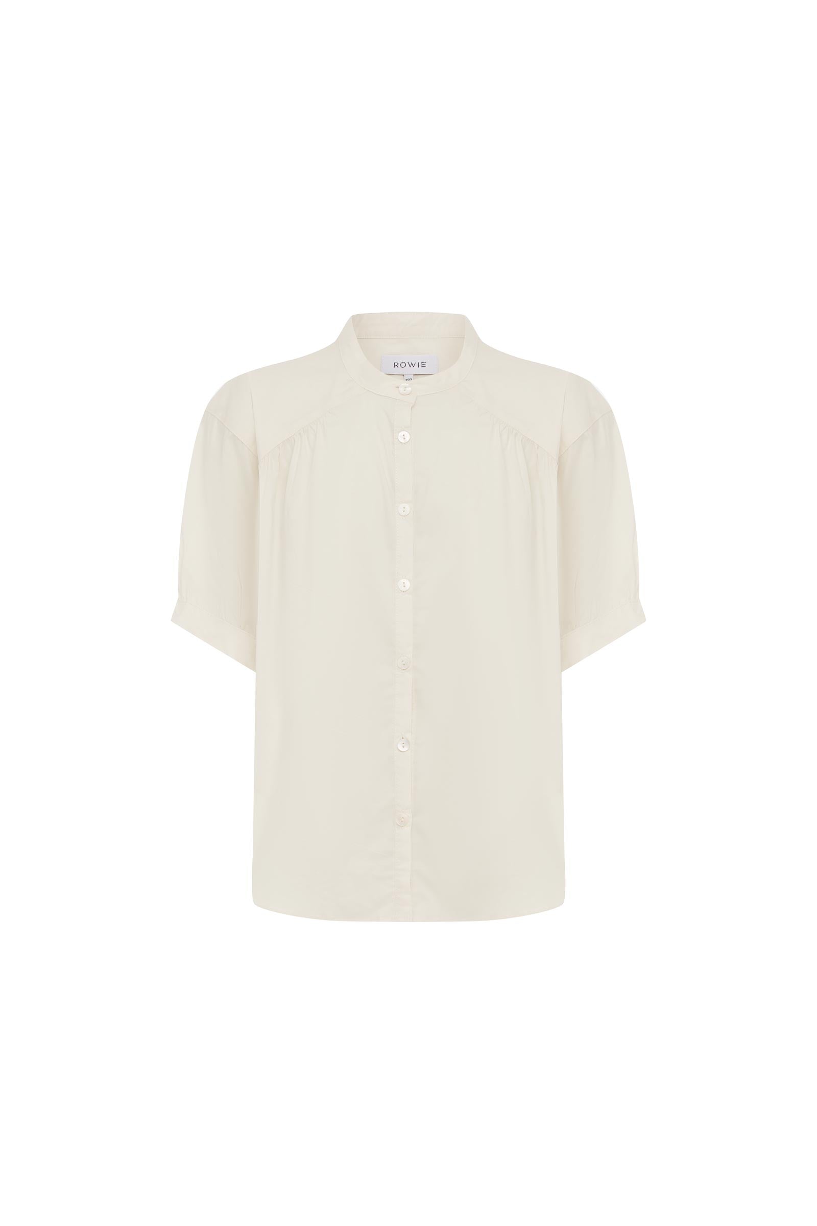 Cora Spring Blouse in Vanilla White showing a mandarin collar and billowed sleeves
