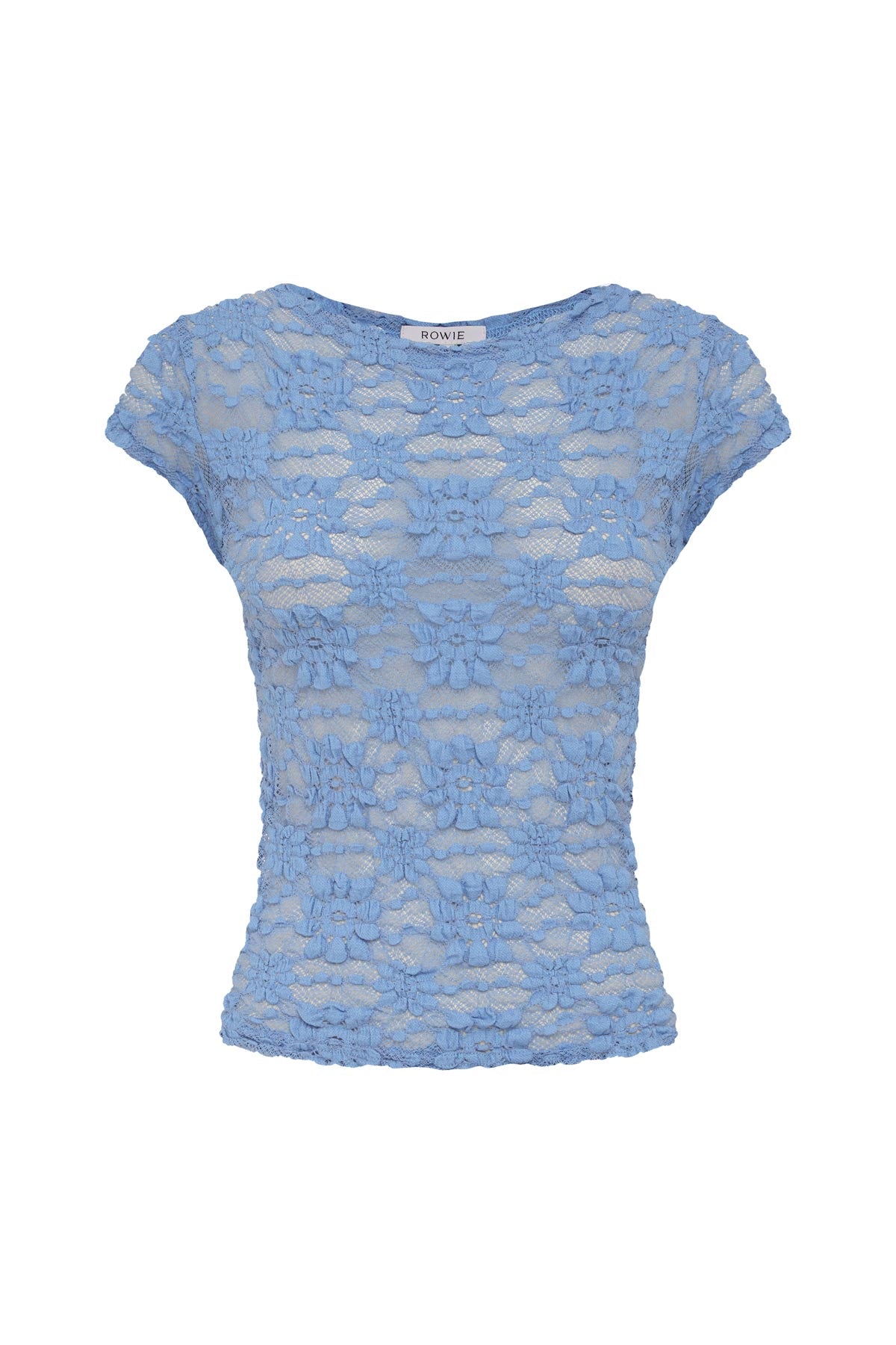 Galo Sunflower Lace Tee in Periwinkle, isolated product image on white background, ROWIE the Label.