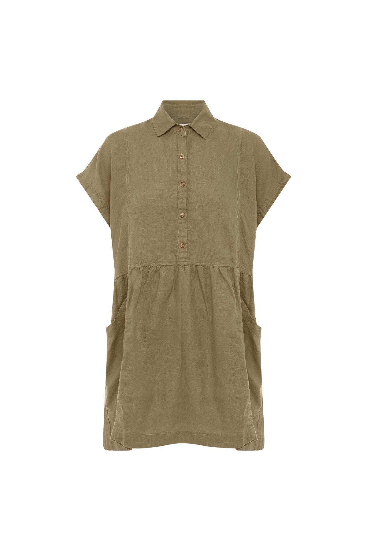Gina Linen Mini Dress in Dusty Olive, isolated product image on white background, ROWIE the Label