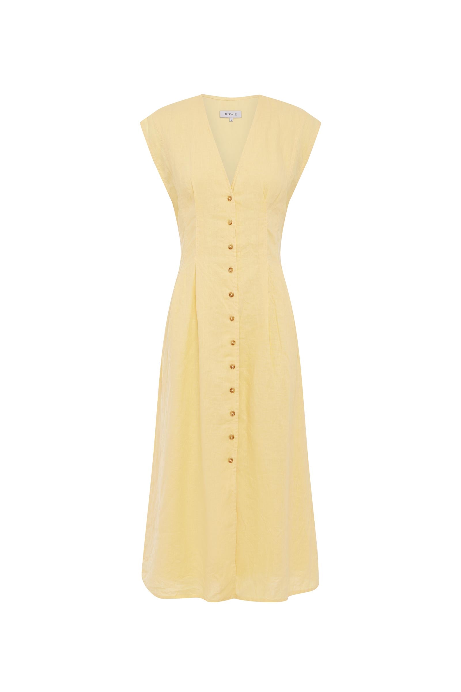Mira Linen Midi Dress in Yellow. A sleeveless dress featuring a deep neckline, button-through front, and tie-back waist, on a white background