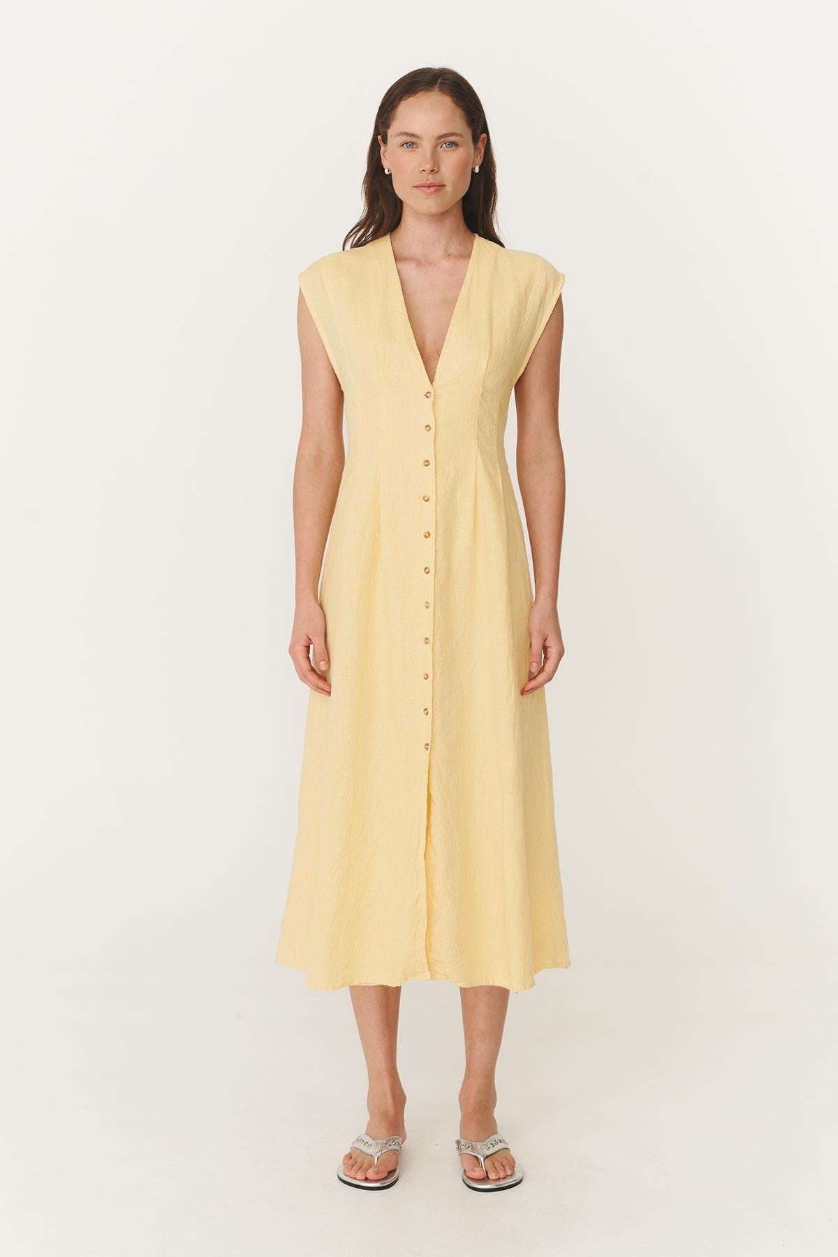 Mira Linen Midi Dress in Lemon Yellow by ROWIE The Label