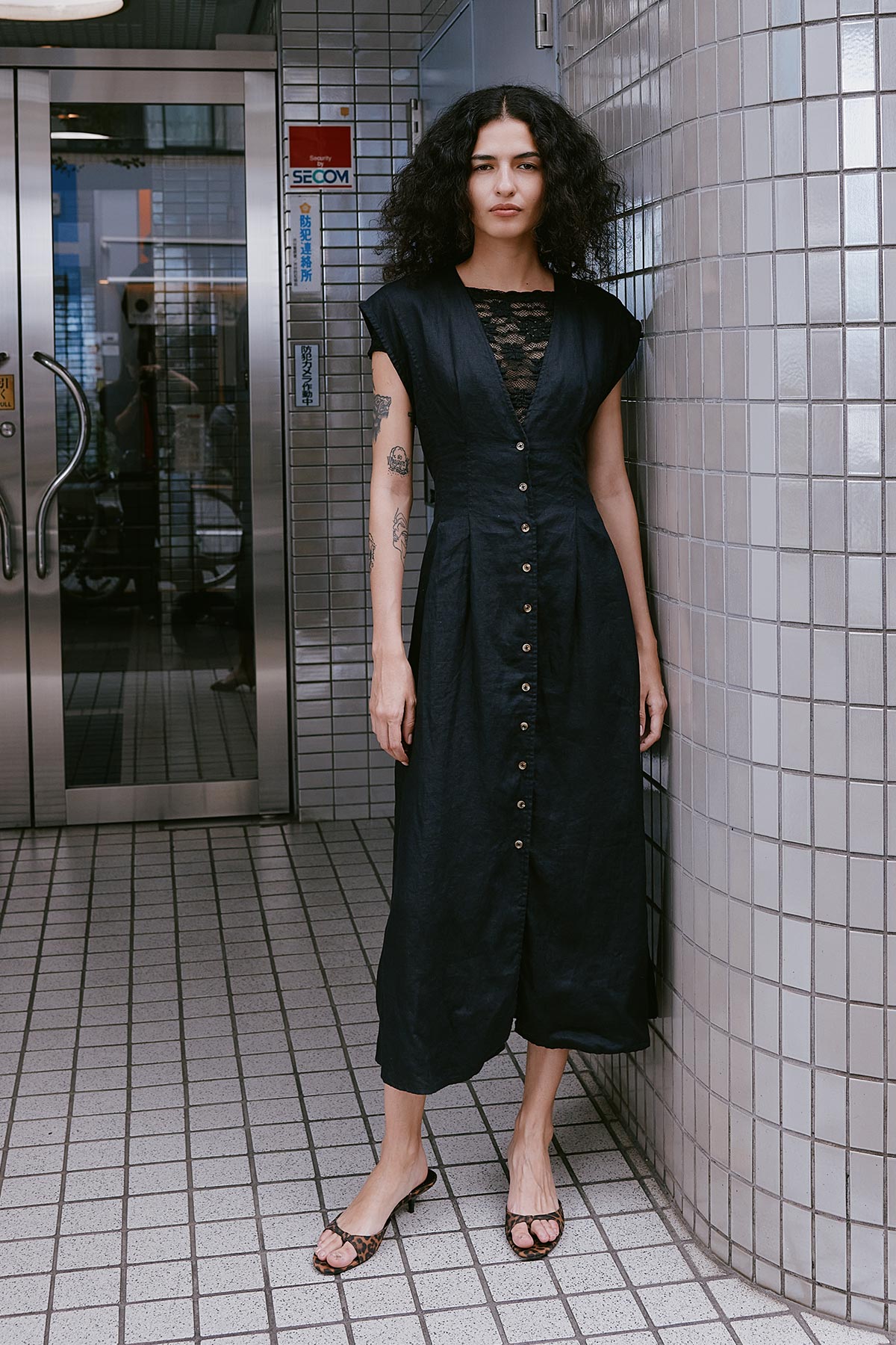 Mira Linen Midi Dress in Black with the Galo Sunflower Lace Tee in Black underneath