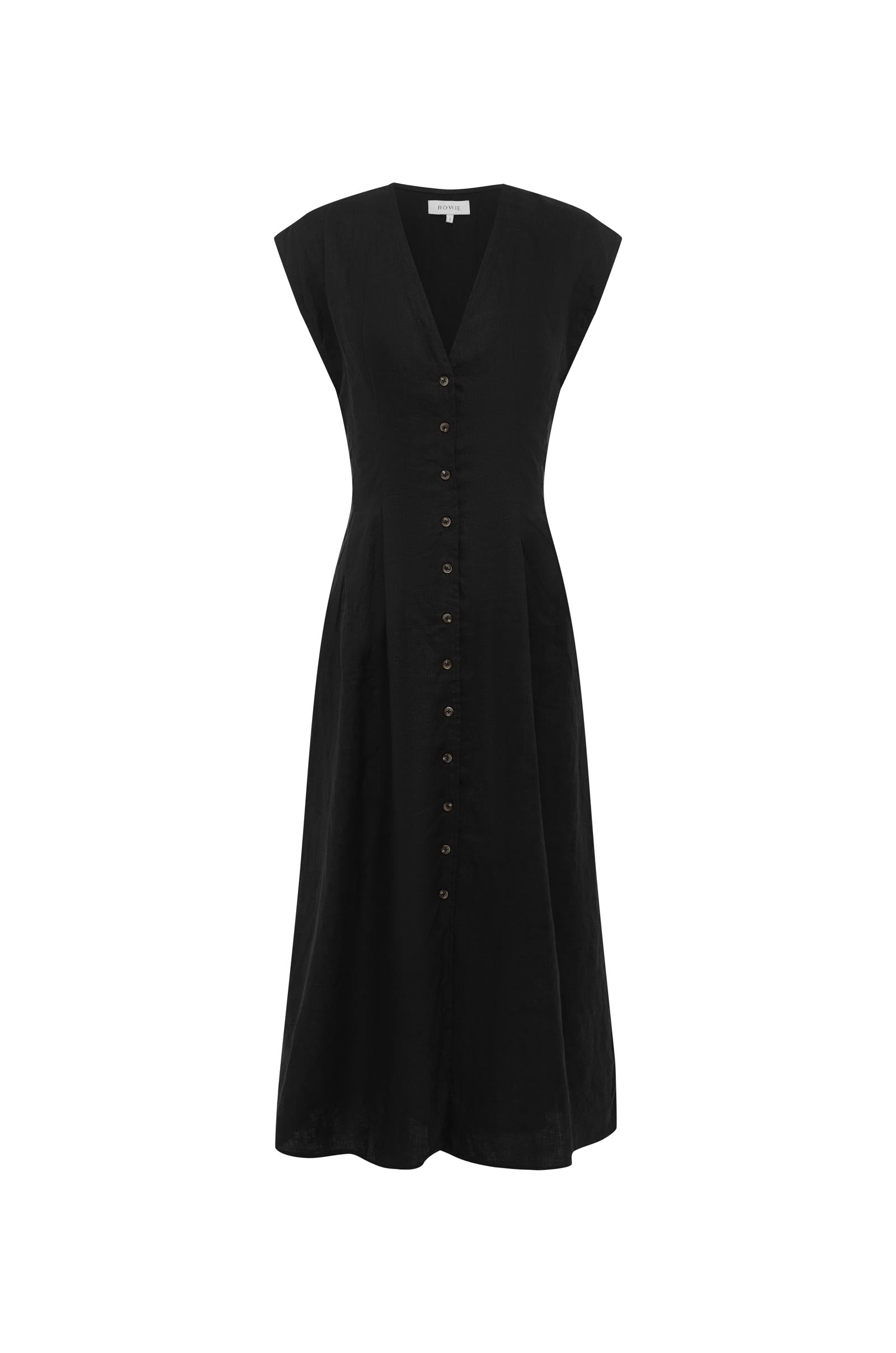 Mira Linen Midi Dress in Black. A sleeveless dress featuring a deep neckline, button-through front, and tie-back waist, on a white background