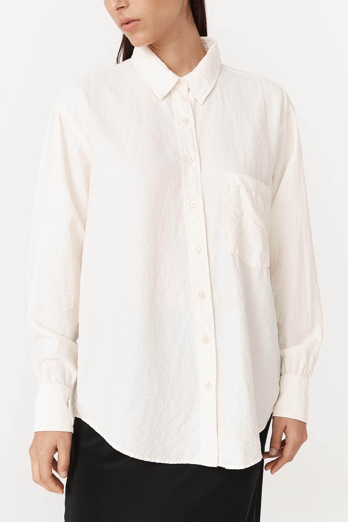 Ramona Silk long-sleeve, button-up shirt, with curved hem and patch pocket.