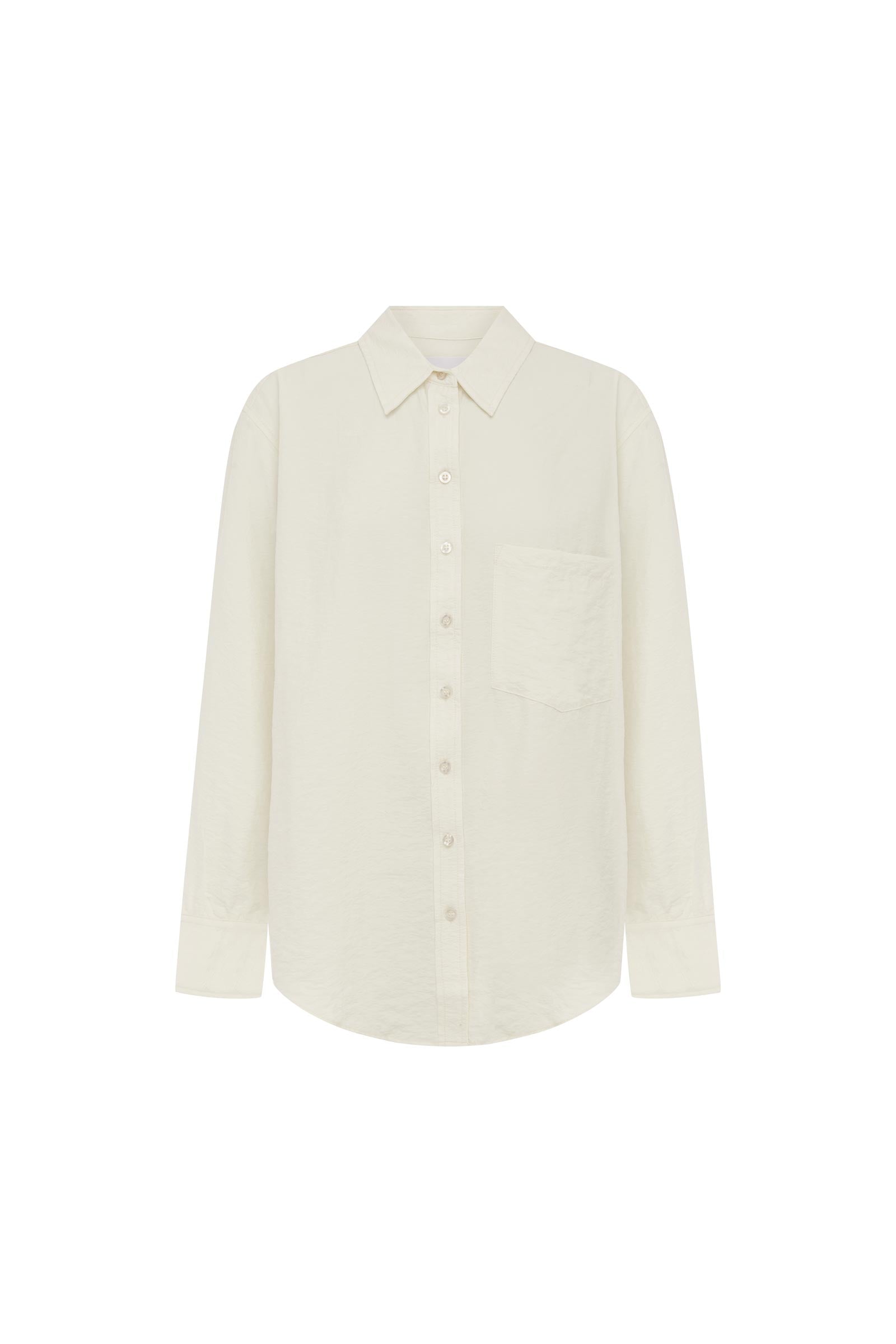 Ramona Silk long-sleeve, button-up shirt, with curved hem and patch pocket on white background