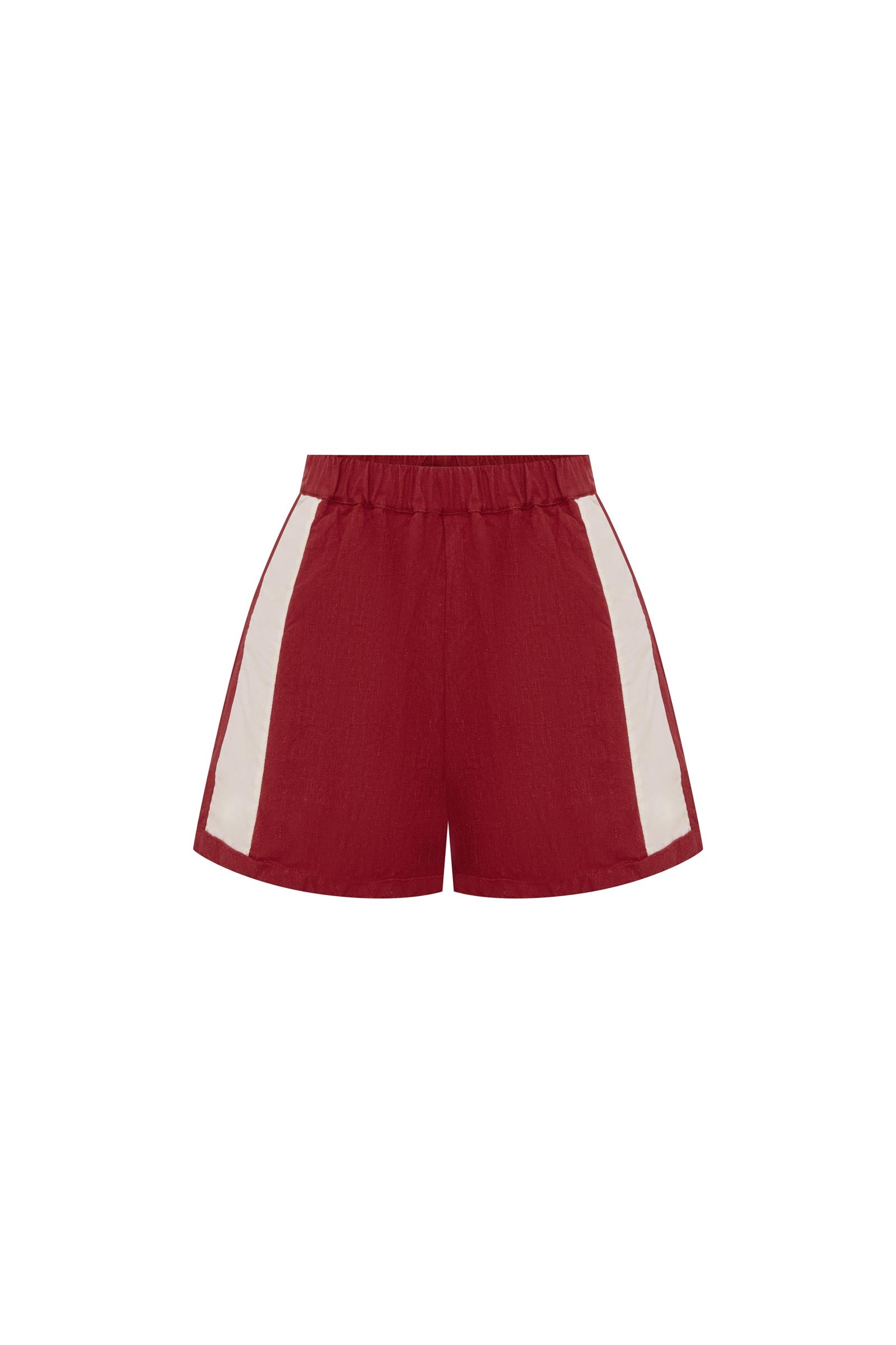 Red Simone Linen Shorts with white stripes on a white background