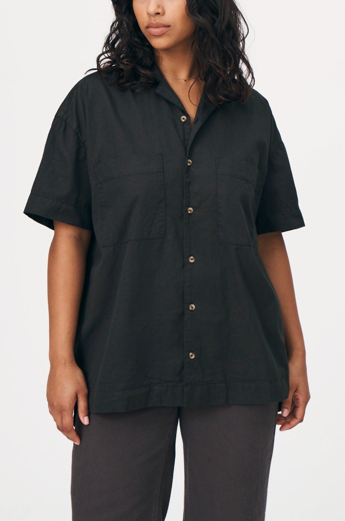 Jamie Organic Bowling Shirt Vintage Black ROWIE The Label Tops