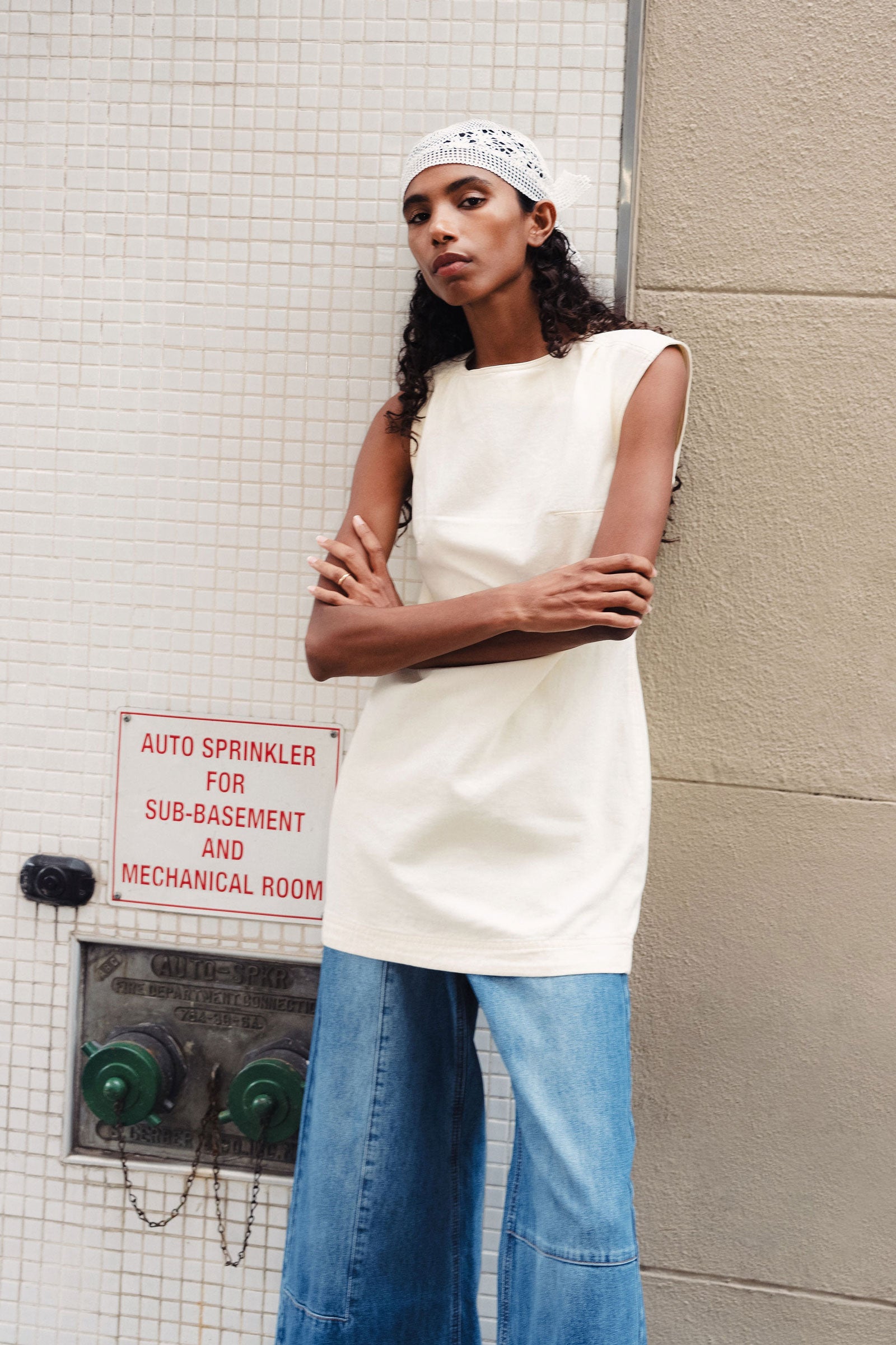 Bowe Denim Mini Dress in Creme ROWIE Dresses