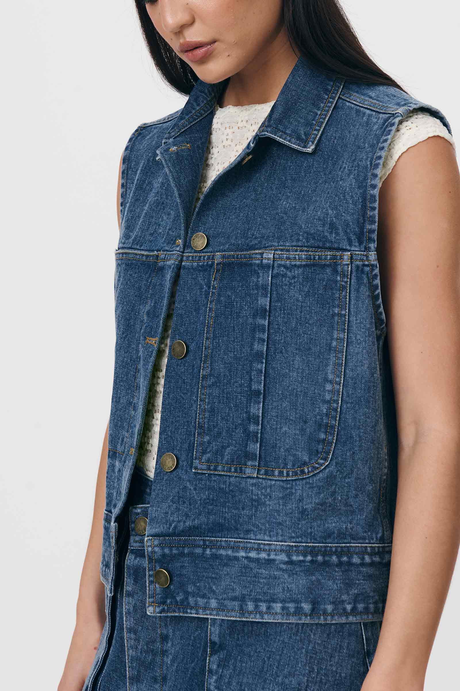 Iko Organic Denim Vest in Washed Indigo | ROWIE Tops – ROWIE The Label