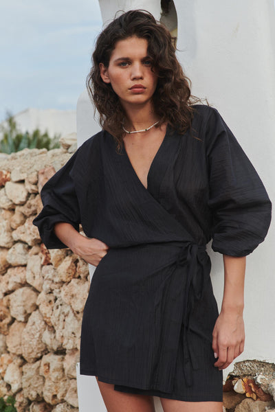 Isla Silk Wrap Mini Dress in Noir
