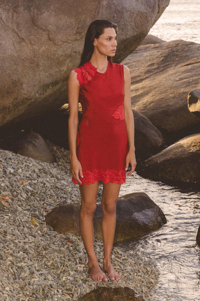 fitted lace wedding dress Red Satin Short Prom Dress, Cute Short Sleeve Party Dress with Slit main image 1