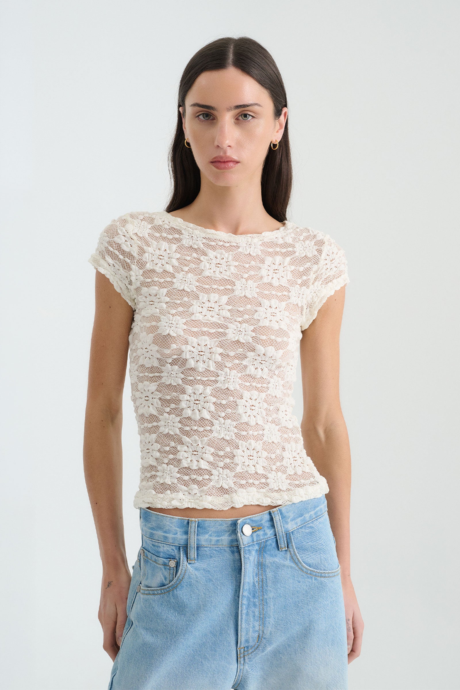 Galo Sunflower Lace Tee in Creme