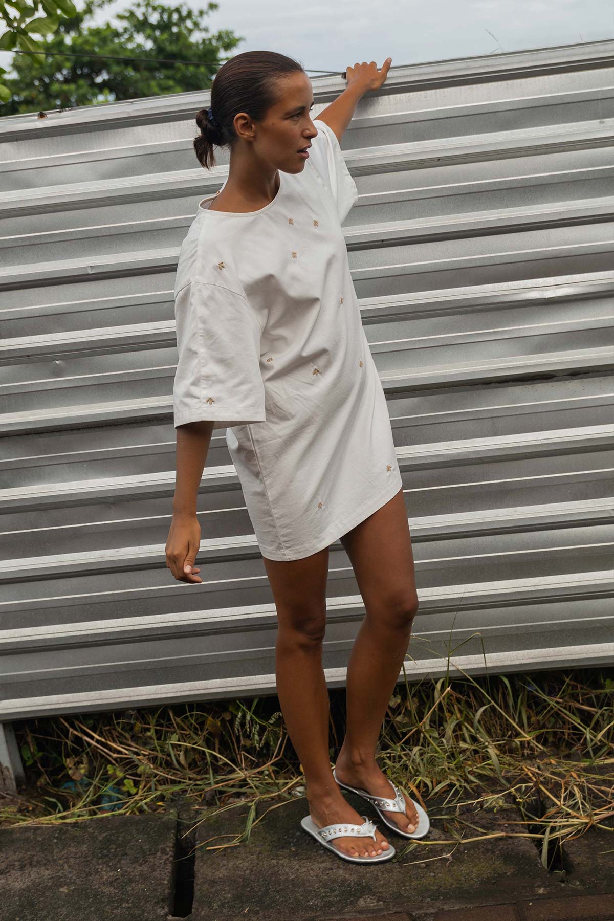 Farrah Embroidered Mini Dress - loose fitting, smock style with 3/4 length sleeves