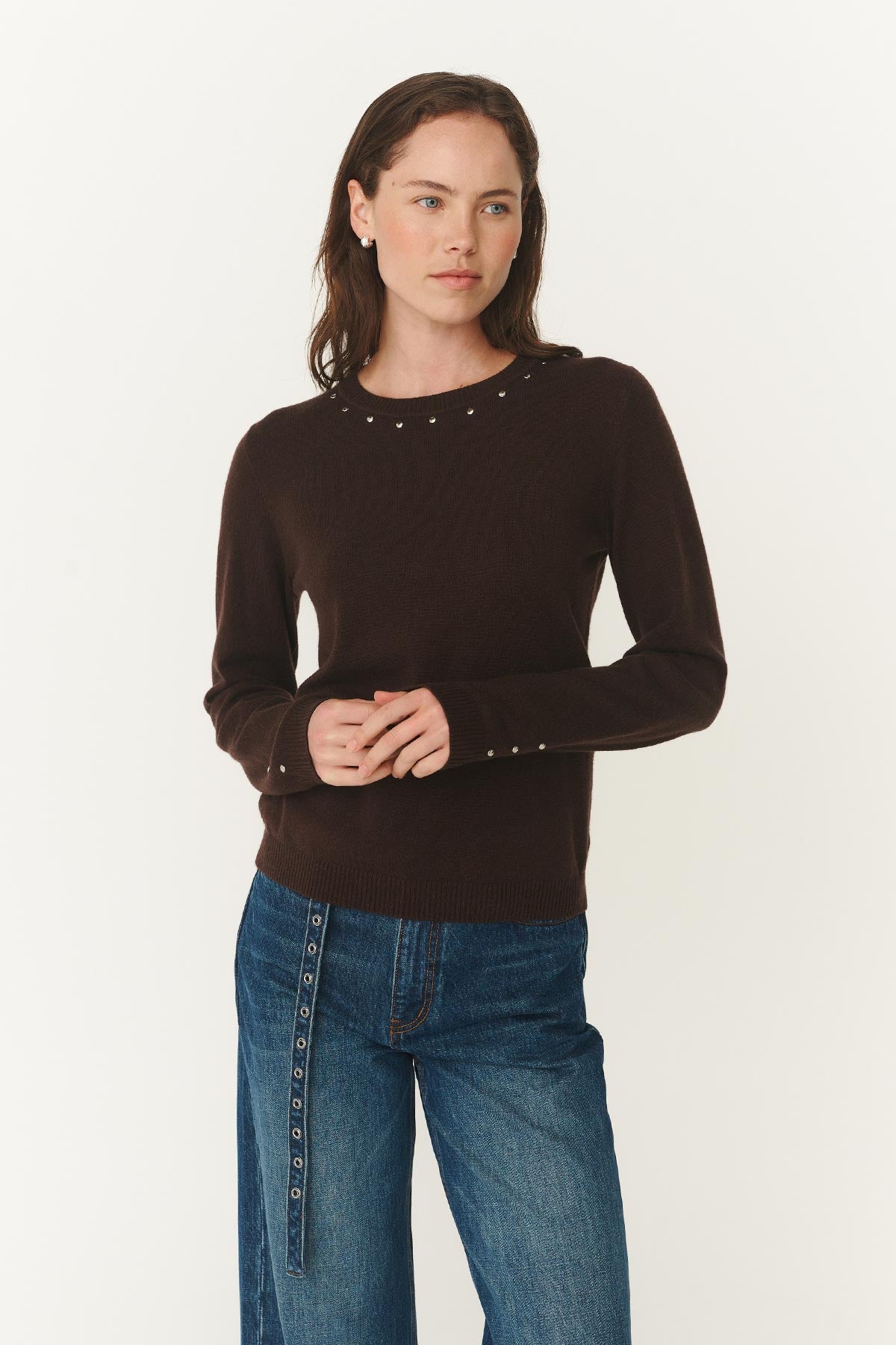 Emaline Stud Merino Knit Top in Dark Cacao