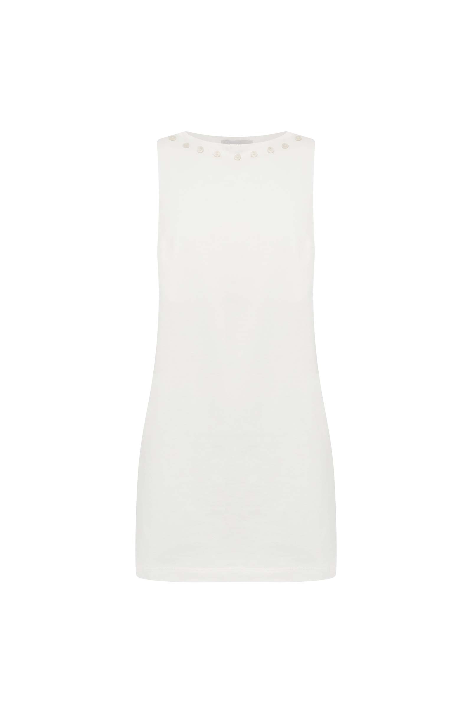 Muriel Button Boatneck Mini Dress in White with seashell button detail by ROWIE The Label