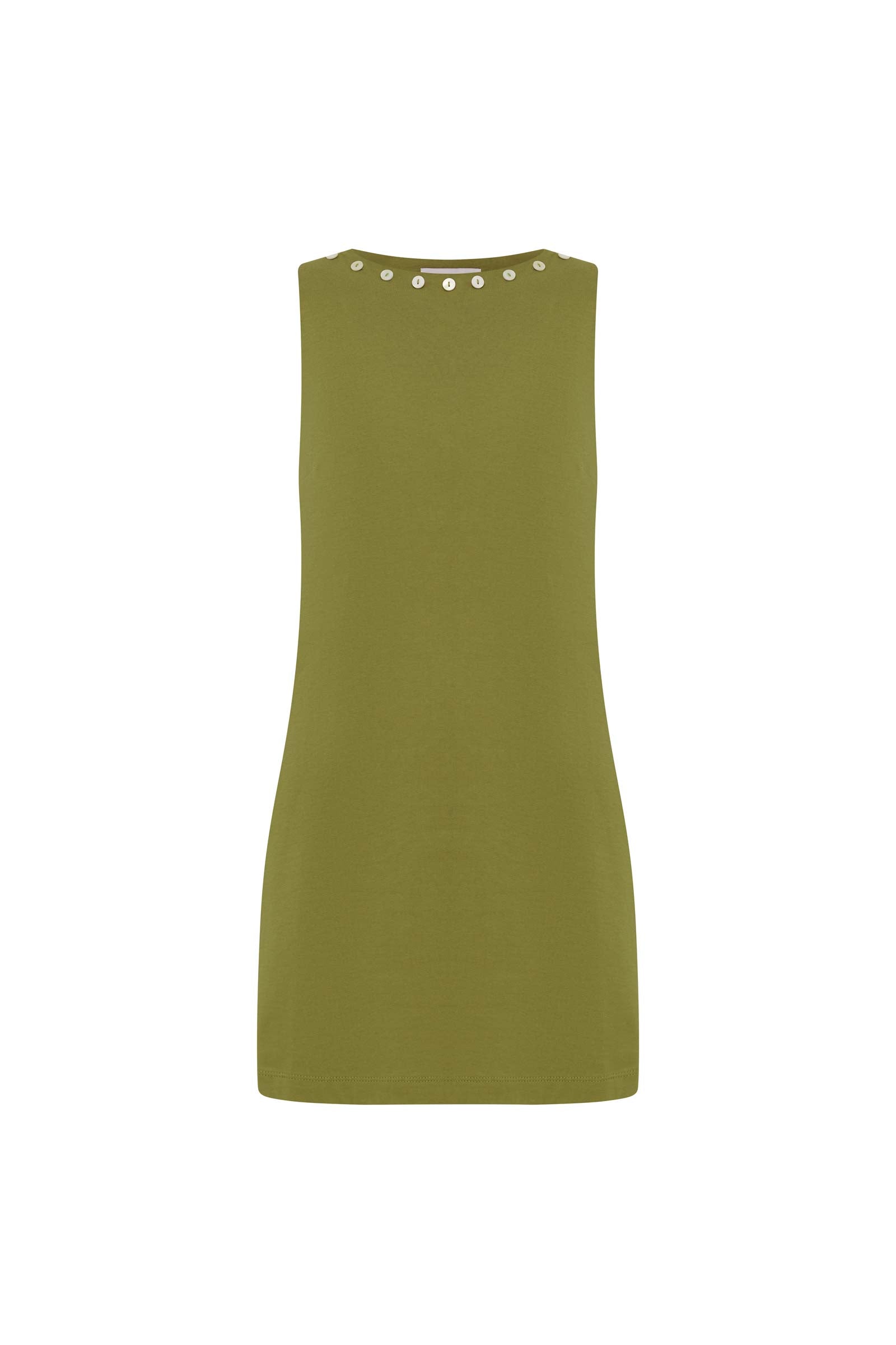 Muriel Button Boatneck Mini Dress with shell button detail along the neckline and straight fit