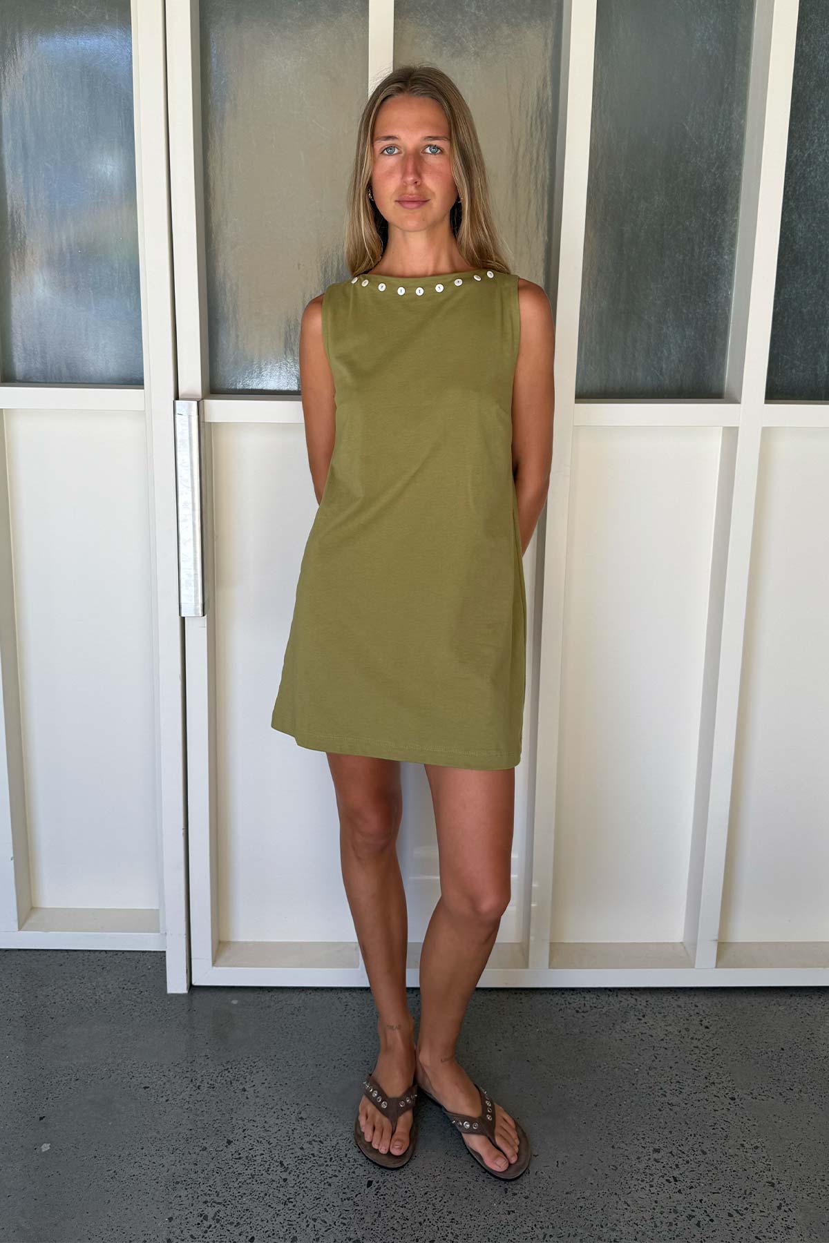 Muriel Button Boatneck Mini Dress in Palm Green