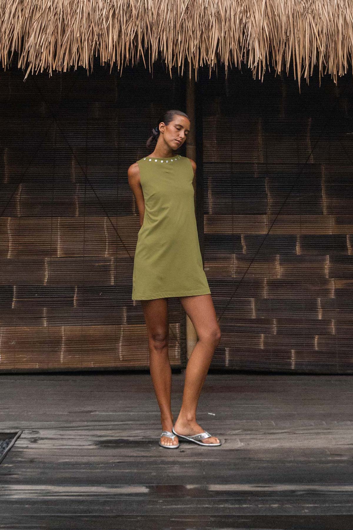 Muriel Button Boatneck Mini Dress - Balinese style resort dress with relaxed fit in green. Made from 100% Organic Cotton