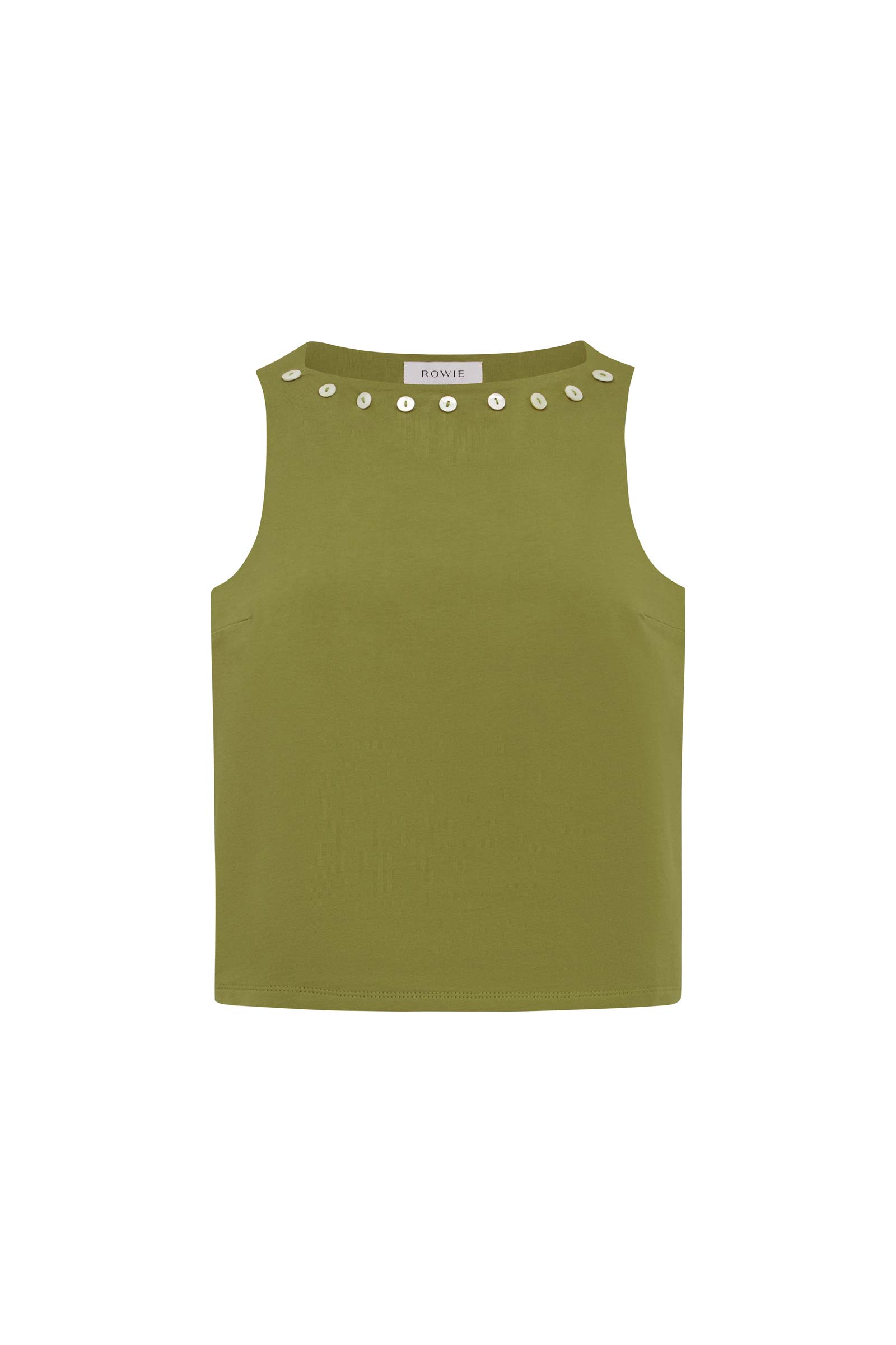 Muriel Button Boatneck Tank Top in Green with Shell Button detail around the neck