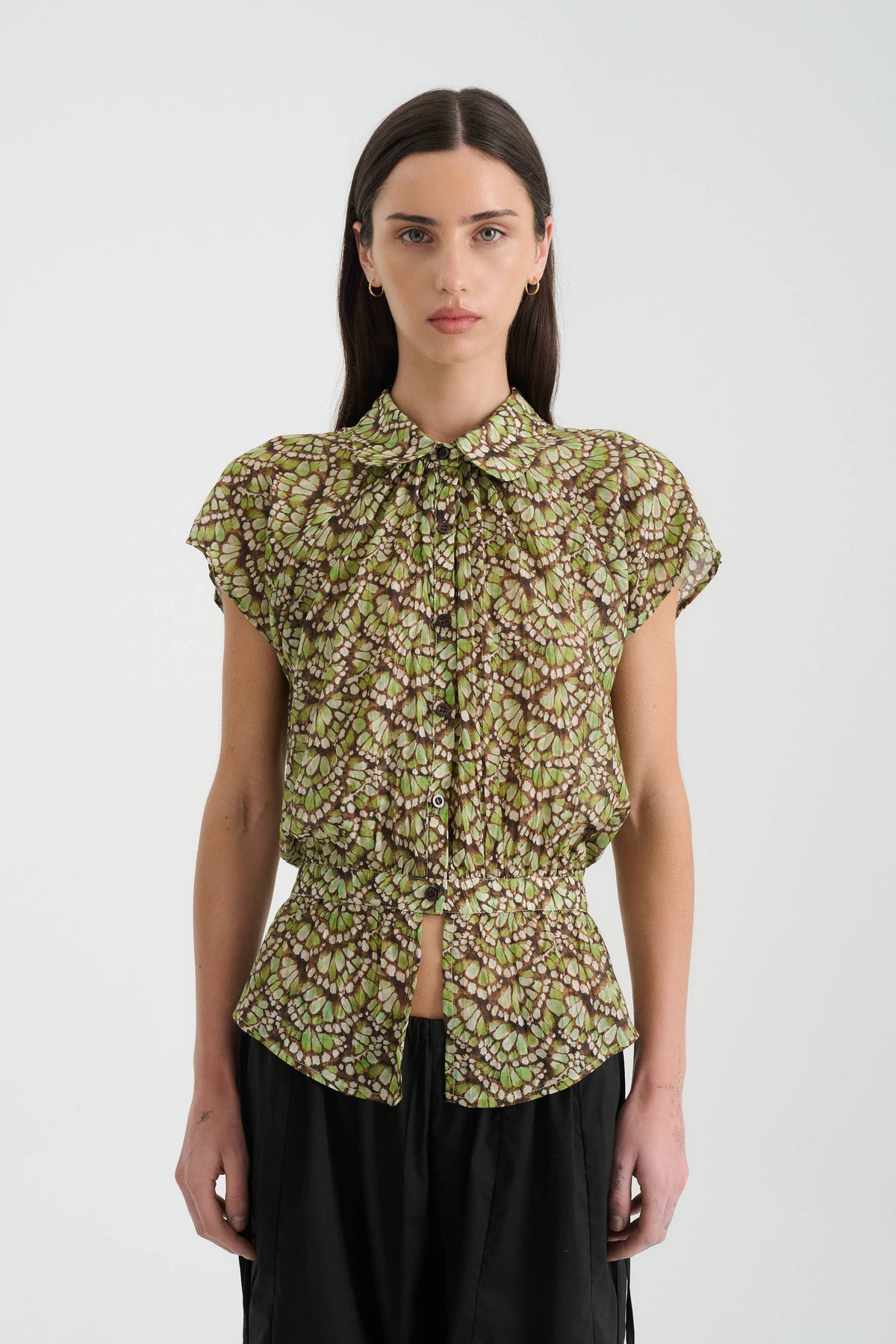 Allie Silk Peplum Blouse in Papillon print – front view