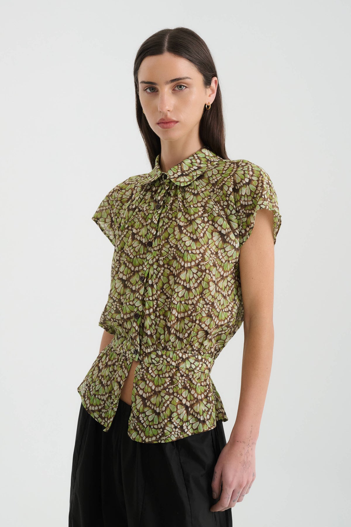 Allie Silk Peplum Blouse in Papillon print – three-quarter view