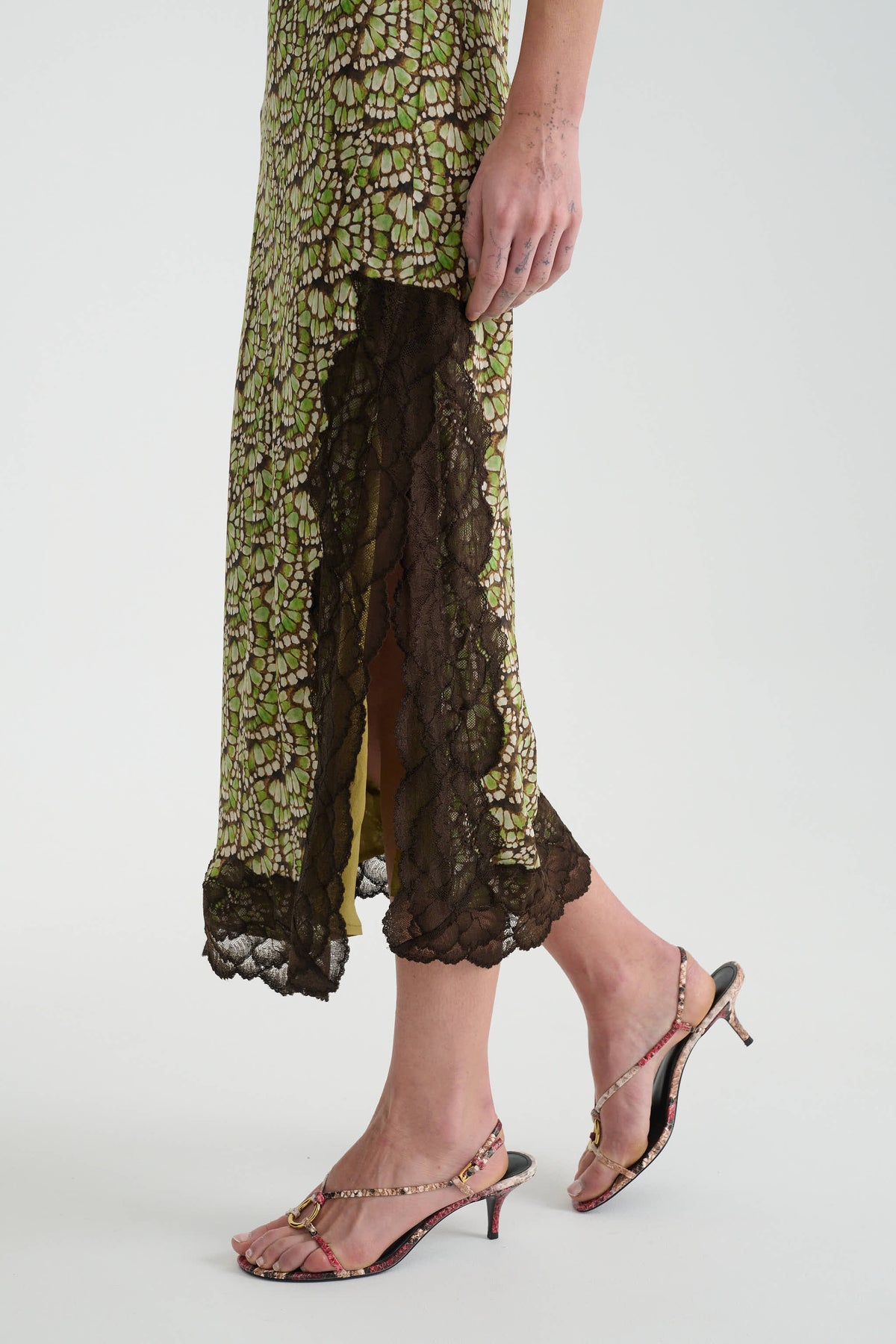 Annie Silk Midi Dress in Papillon print – side split and lace detail