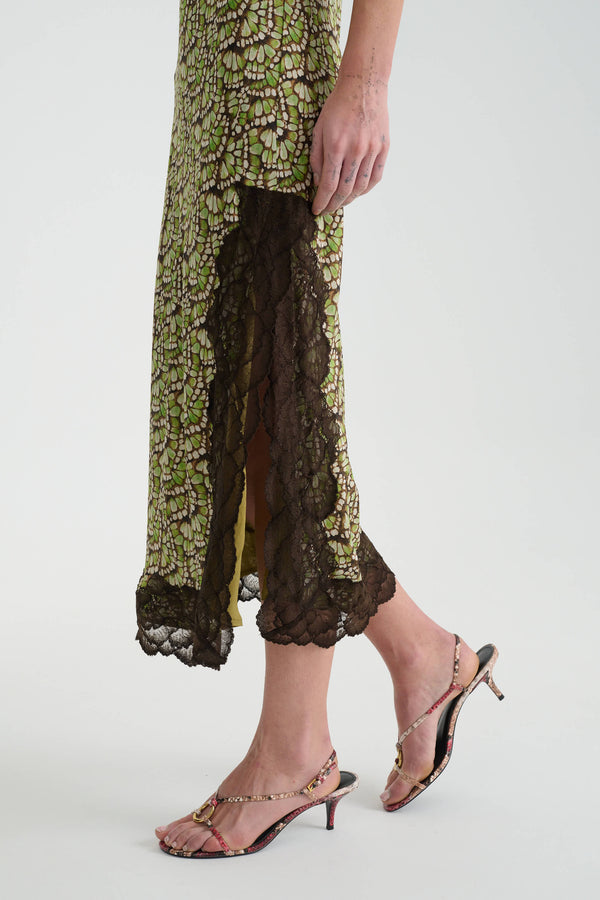 Annie Silk Midi Dress in Papillon print – side split and lace detail
