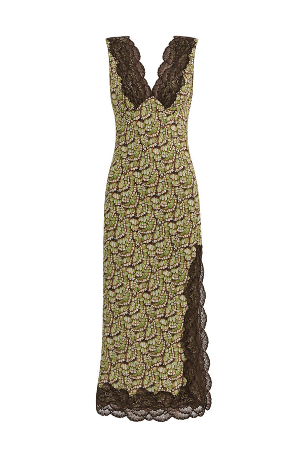 Annie Silk Midi Dress in Papillon print – flat lay