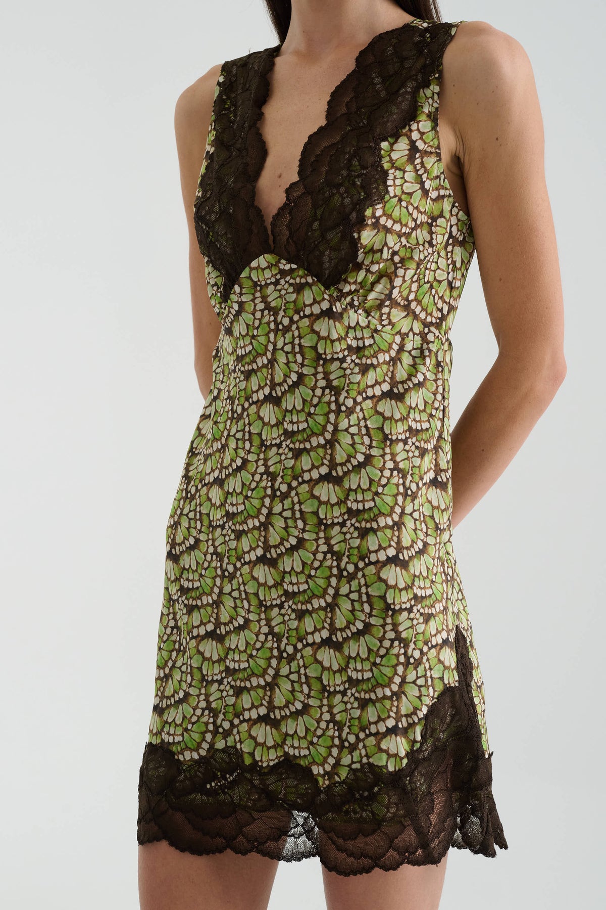 Annie Silk Mini Dress in Papillon print – lace trim detail