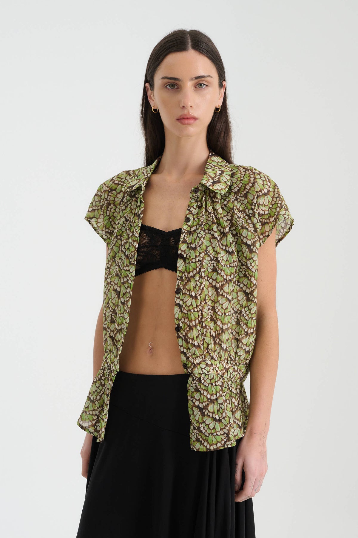 Bambi Lace Bralette in Noir – styled under the Allie Silk Peplum Blouse