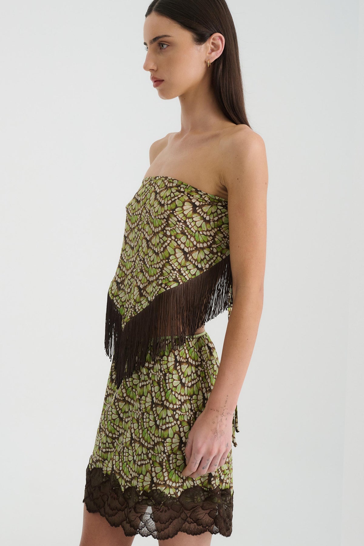 Bobby Silk Tassel Belt in Papillon print – worn as a strapless top, side view