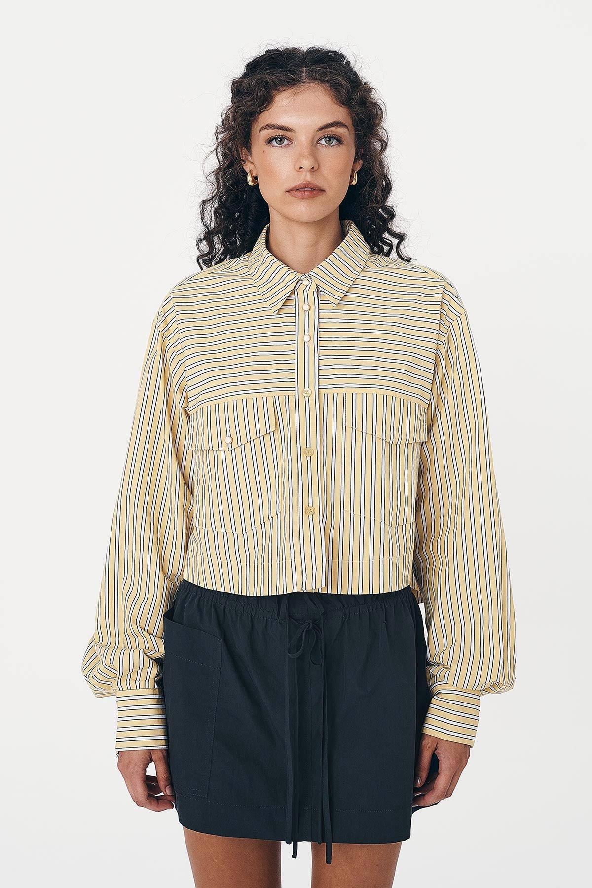 Cole Stripe Crop Shirt paired with the Jessica Cargo Mini Skirt in Washed Ink Black