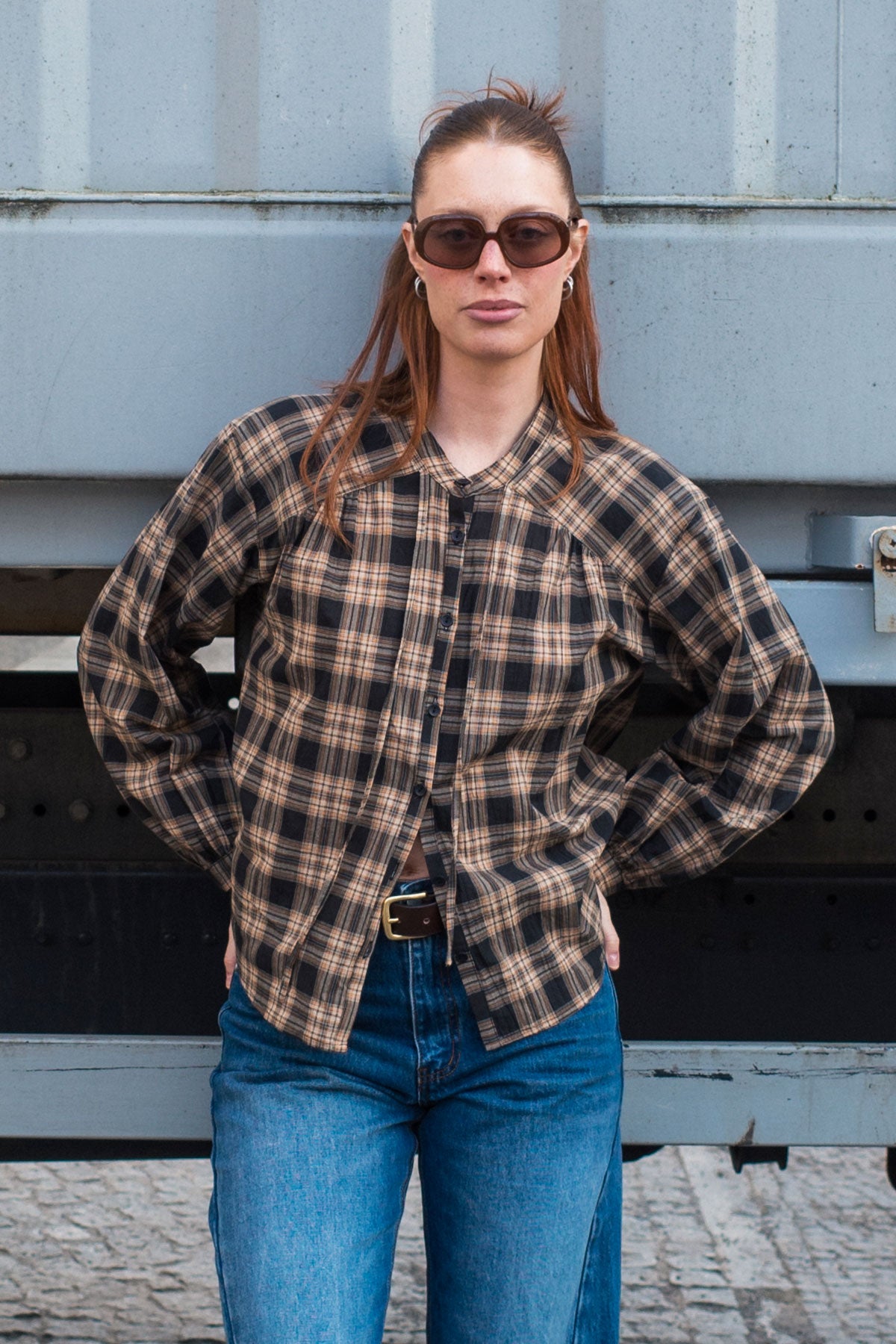 Cora Long Sleeve Blouse in Tobacco Plaid