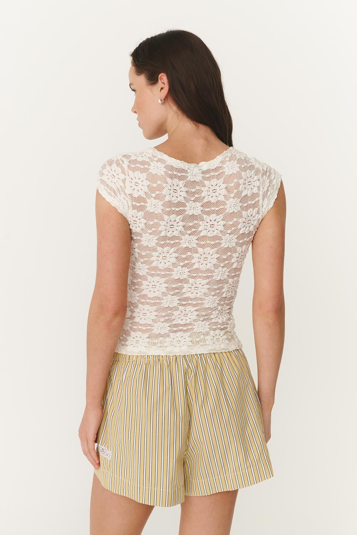 Sheer White Lace Tee Shirt wtih back detail paired with Lace Boxers Shorts in Yellow.