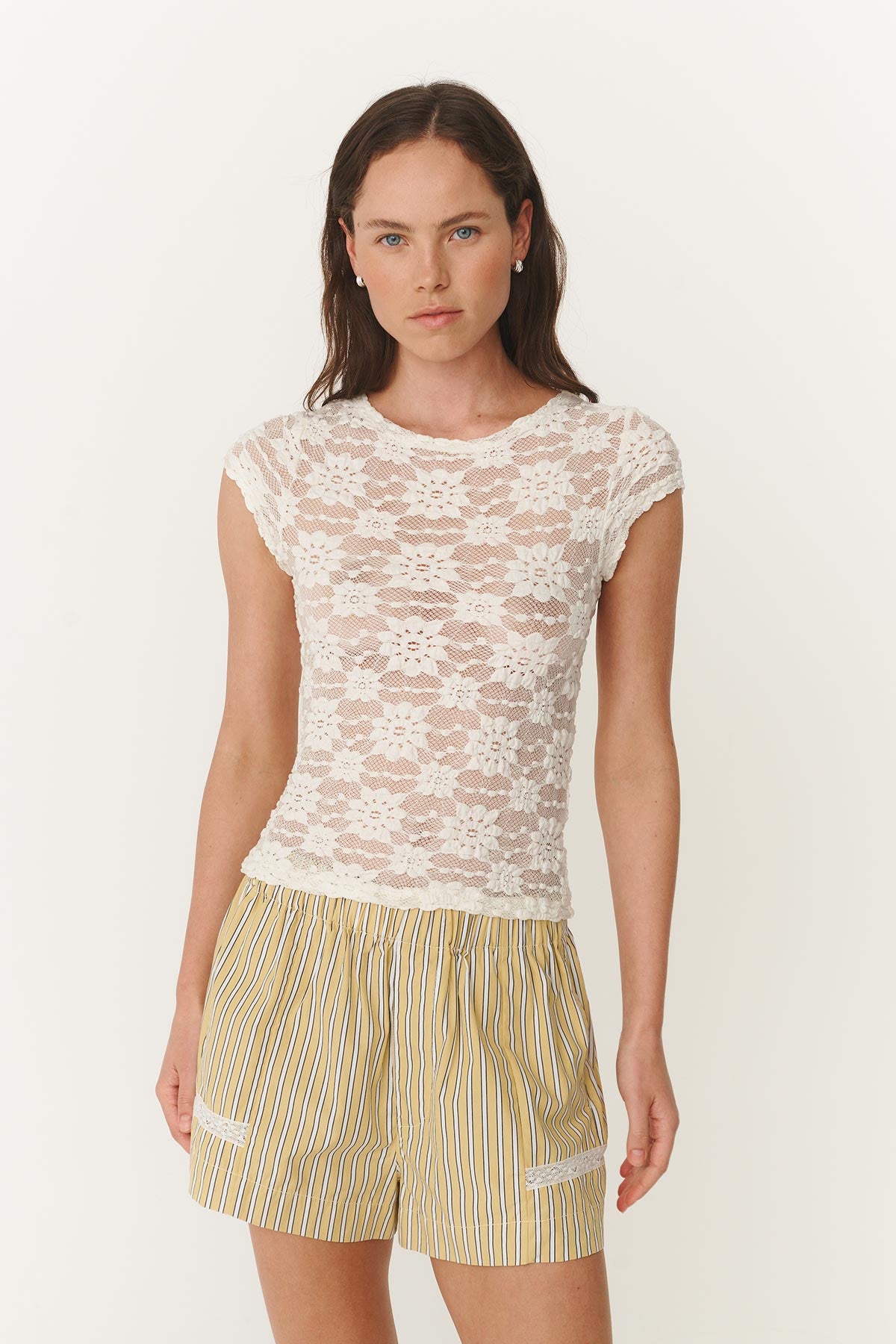 ROWIE Galo Sunflower Lace Tee in cream lace, styled with yellow Rocco Lace Boxer Shorts.