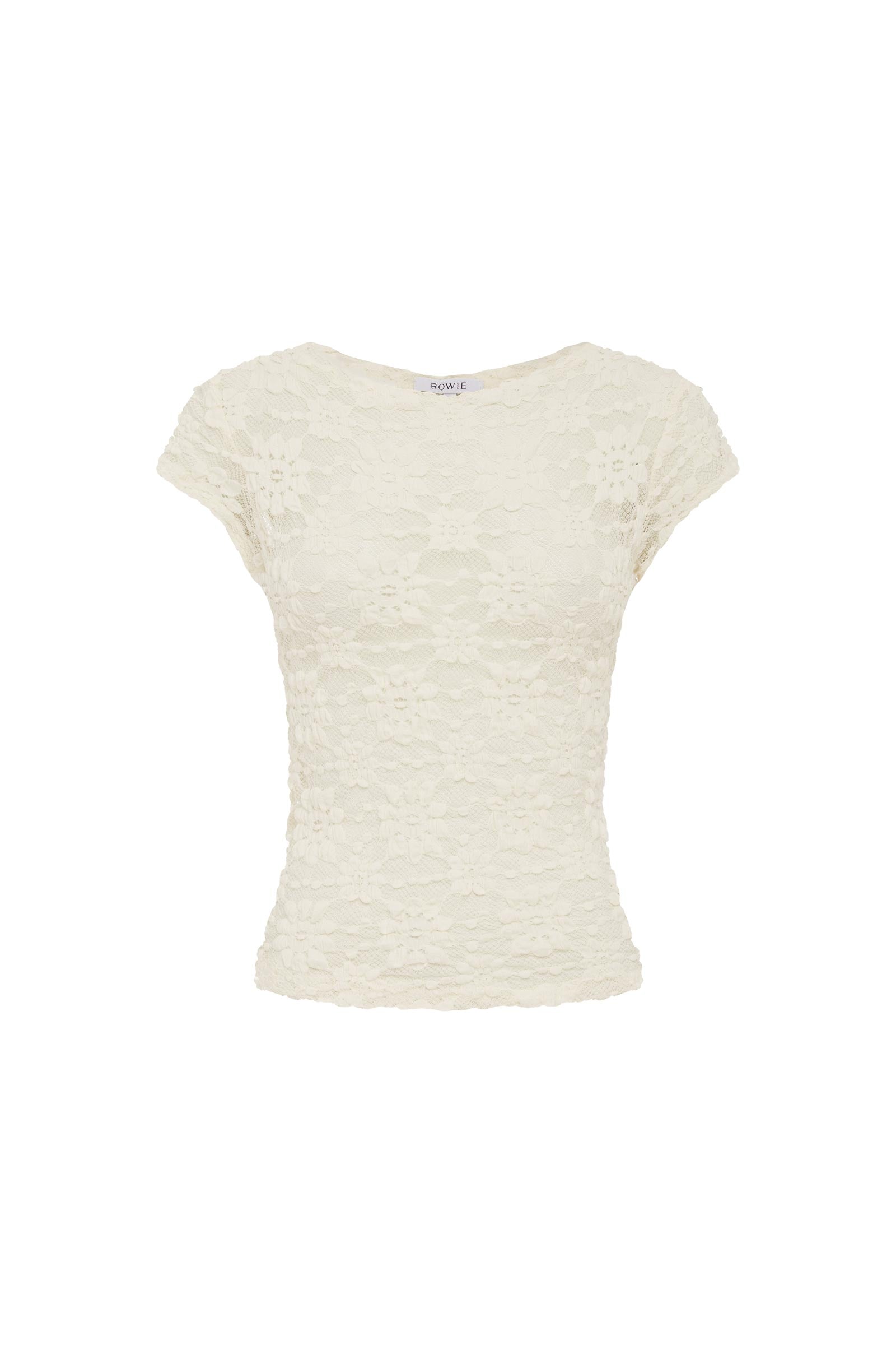 Galo Sunflower Lace Tee in Creme, semi-sheer cap sleeves and a boat neckline
