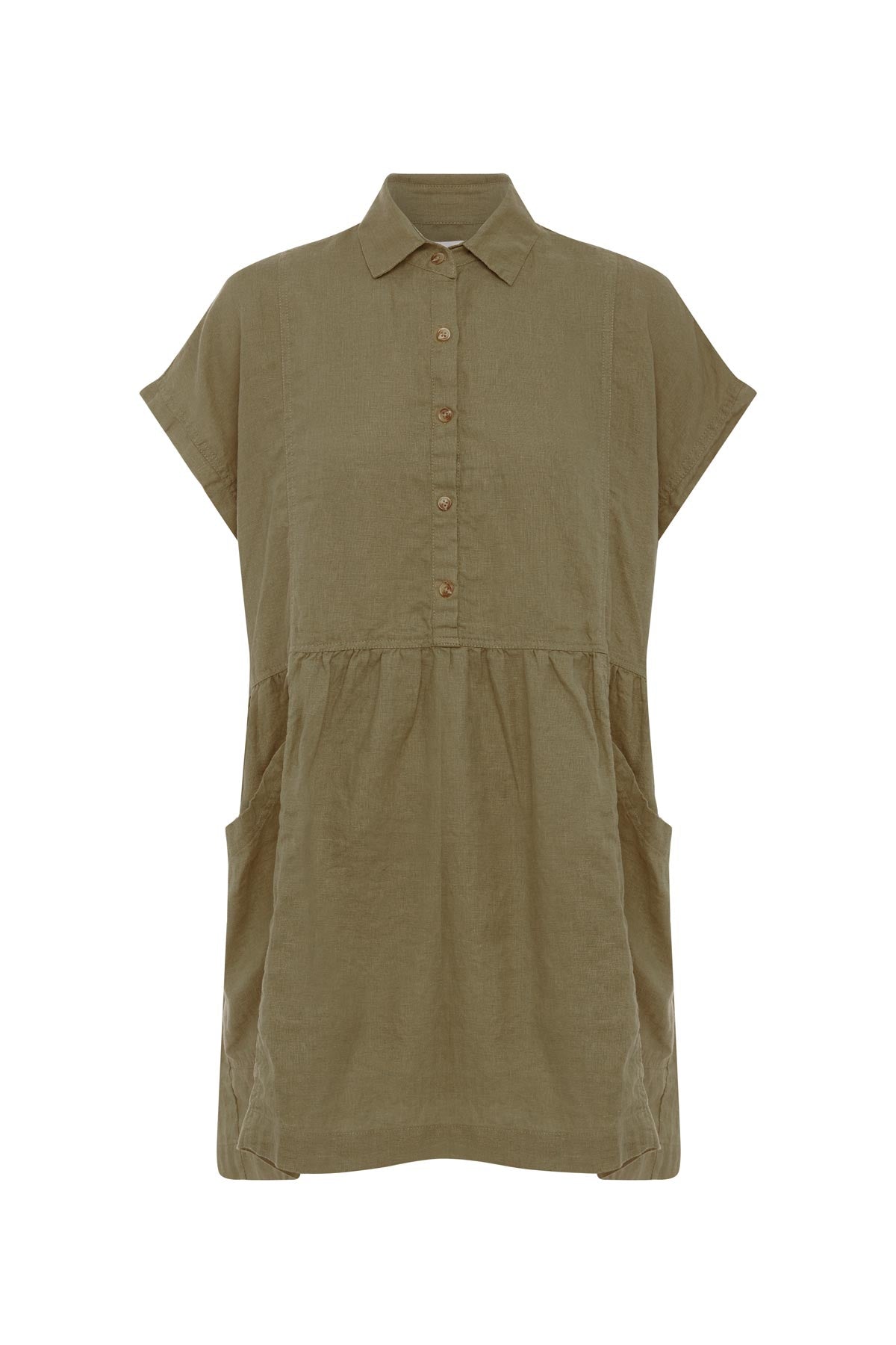 Gina Linen Mini Dress in Dusty Olive, isolated product image on white background, ROWIE the Label