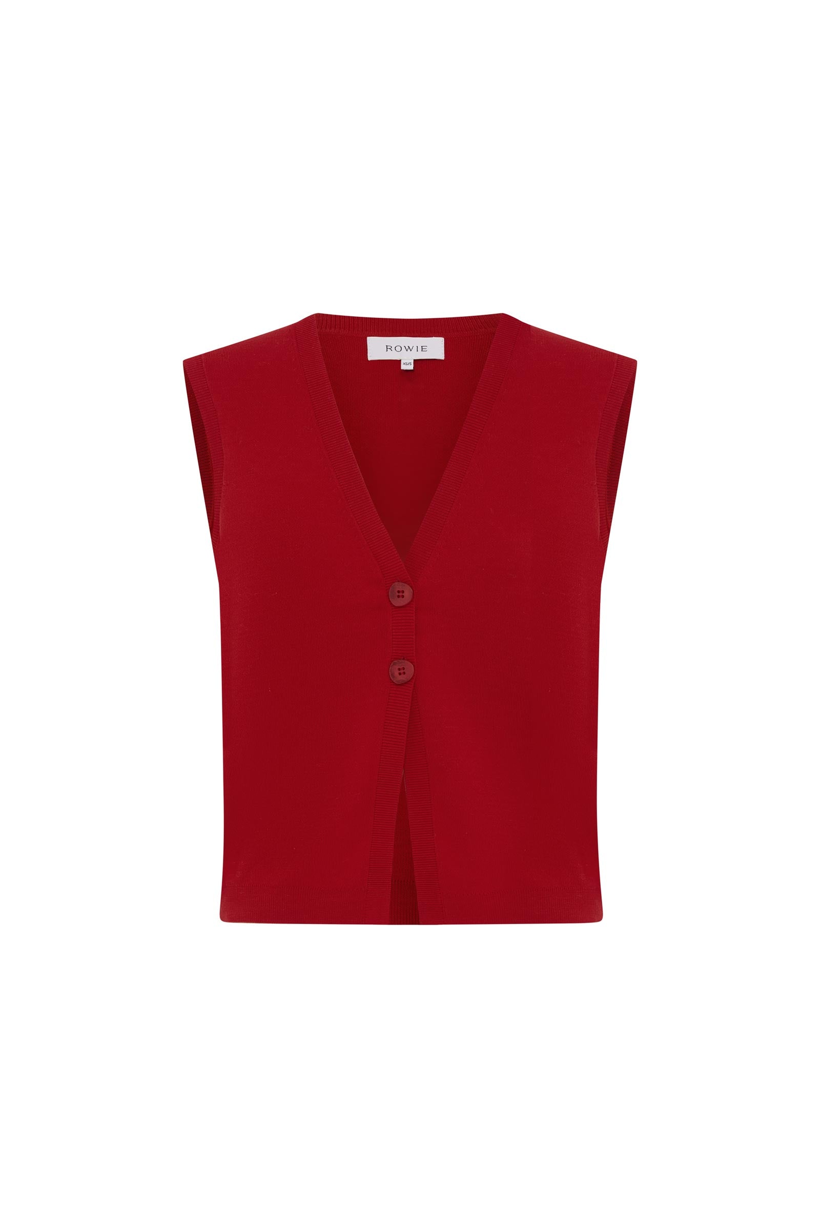 Goldie Cotton Knit Vest in Siren Red by ROWIE The Label with V-neck silhouette and two-button finish