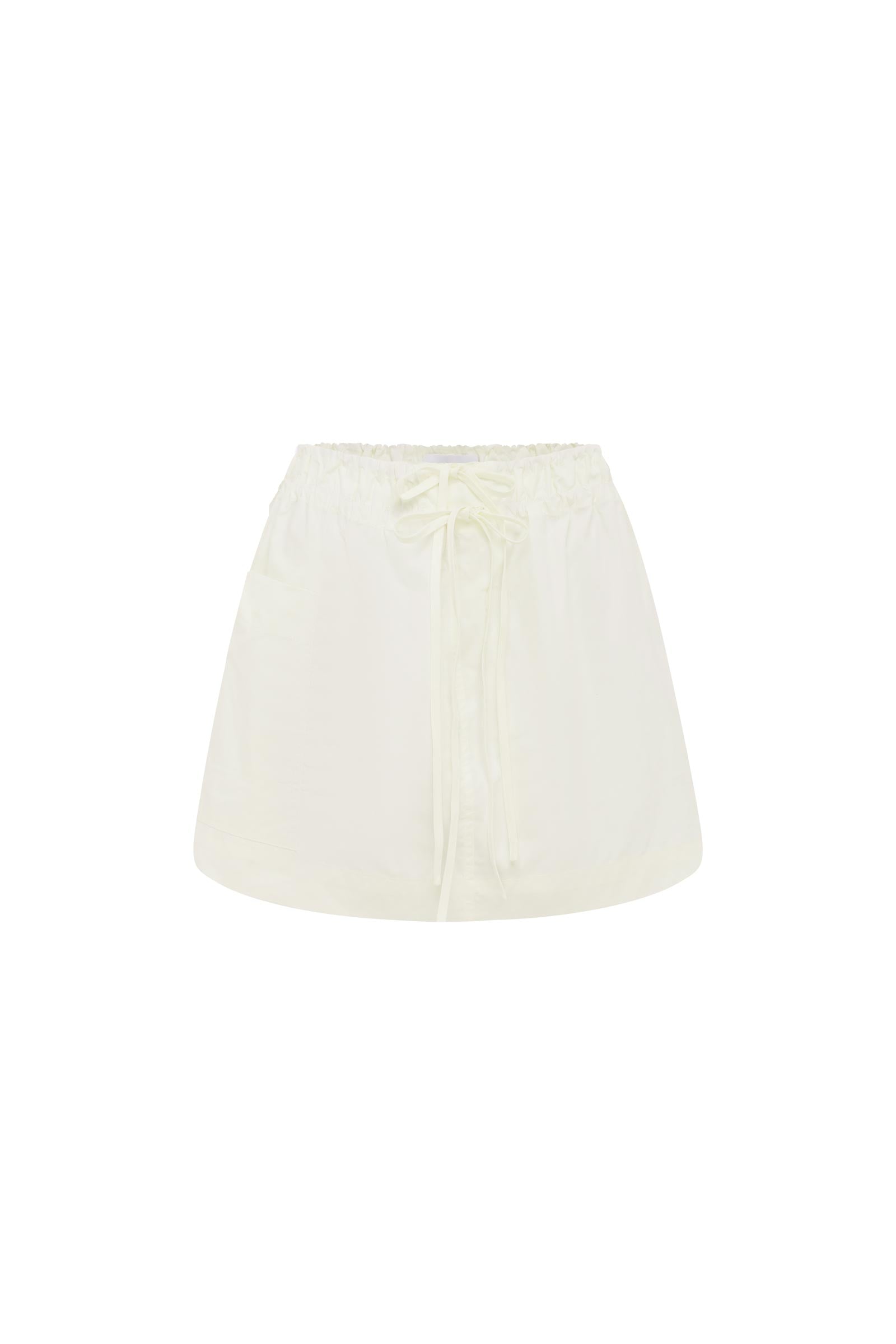 Jessica Cargo Mini Skirt in Bone White with an elastic waist, centre-front ties, and a side pocket