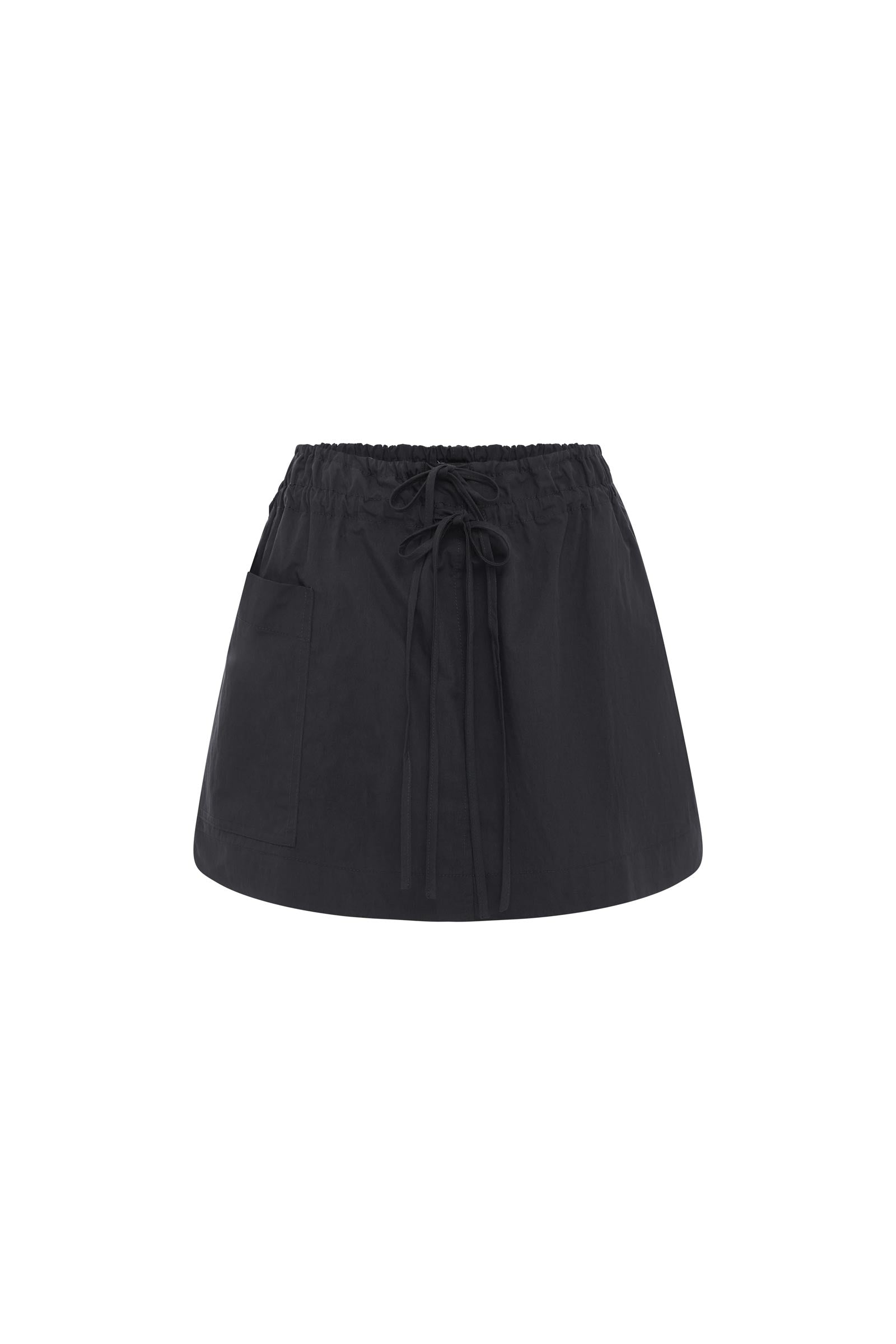 Jessica Cargo Mini Skirt in Washed Ink Black featuring an elastic waist, double centre-front ties and a statement patch pocket