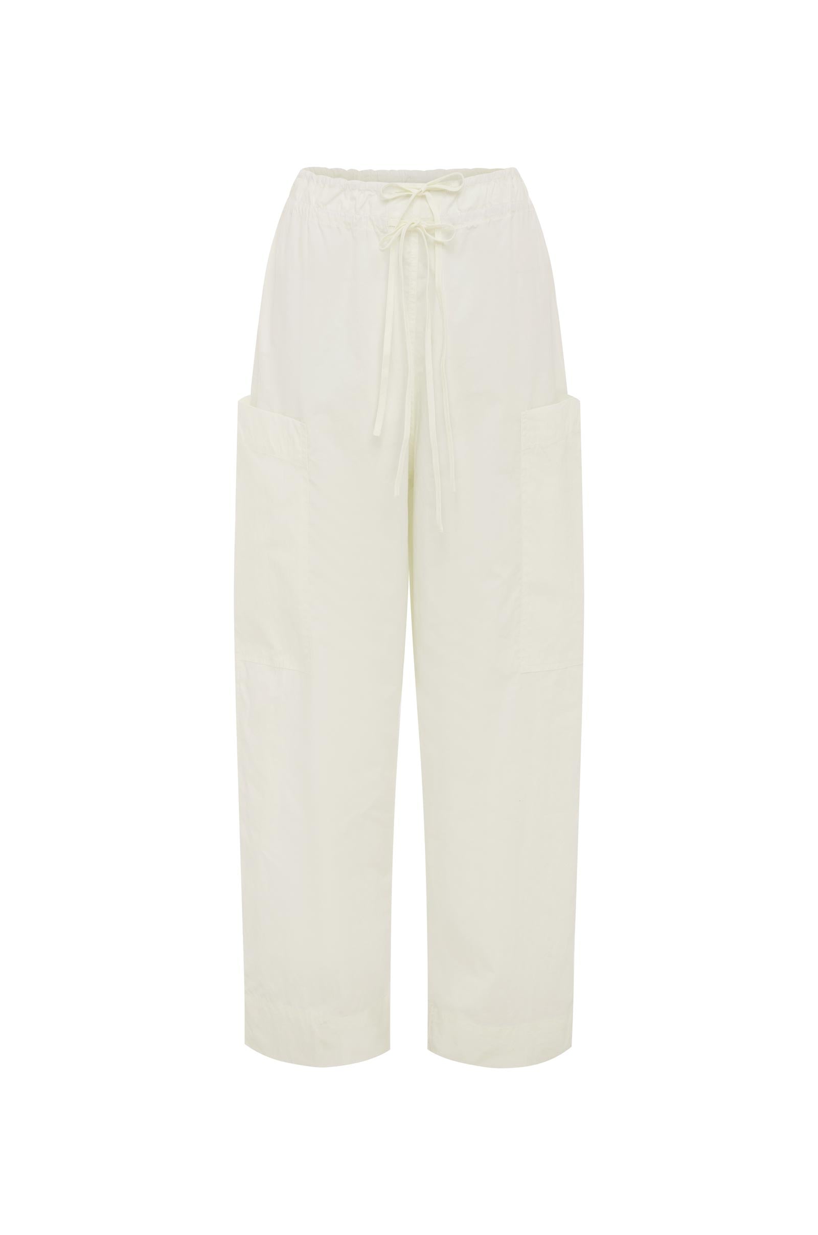 Jessica Cargo Pants in Bone White, with elasticised waist. Full length Cargo Pants for women with a slightly tapered leg and a relaxed fit
