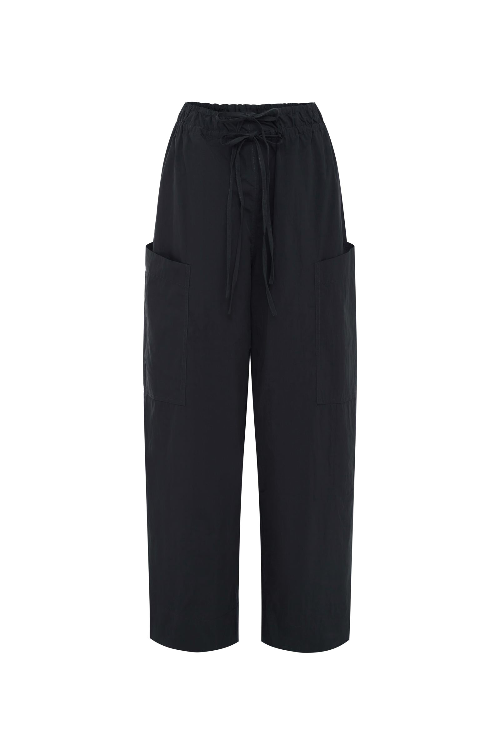Jessica Pull-on Cargo Pants  in black with elasticised waist, oversized front patch pockets and double tie detail. 