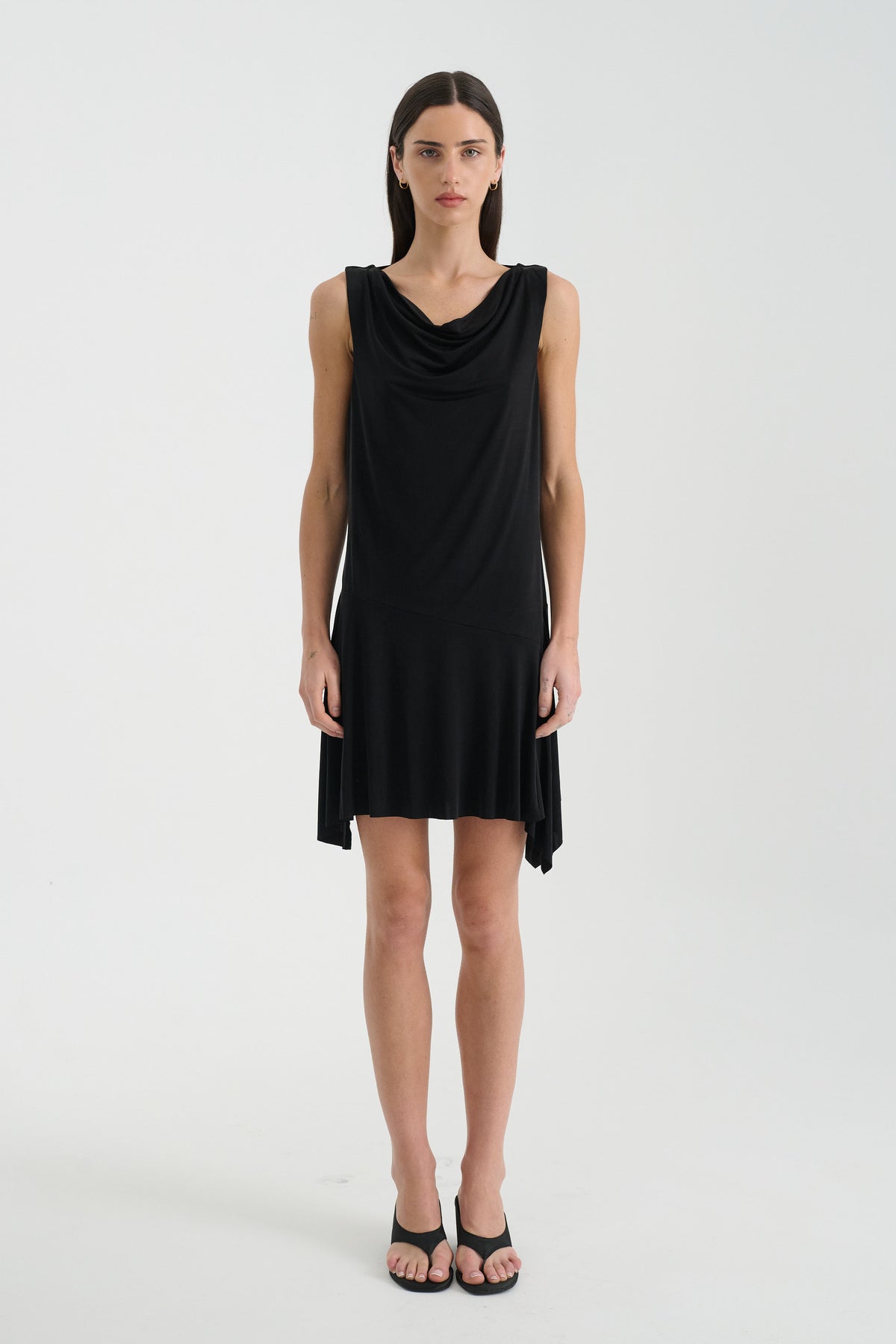 Juliette Cowl Back Mini Dress in Noir – front view