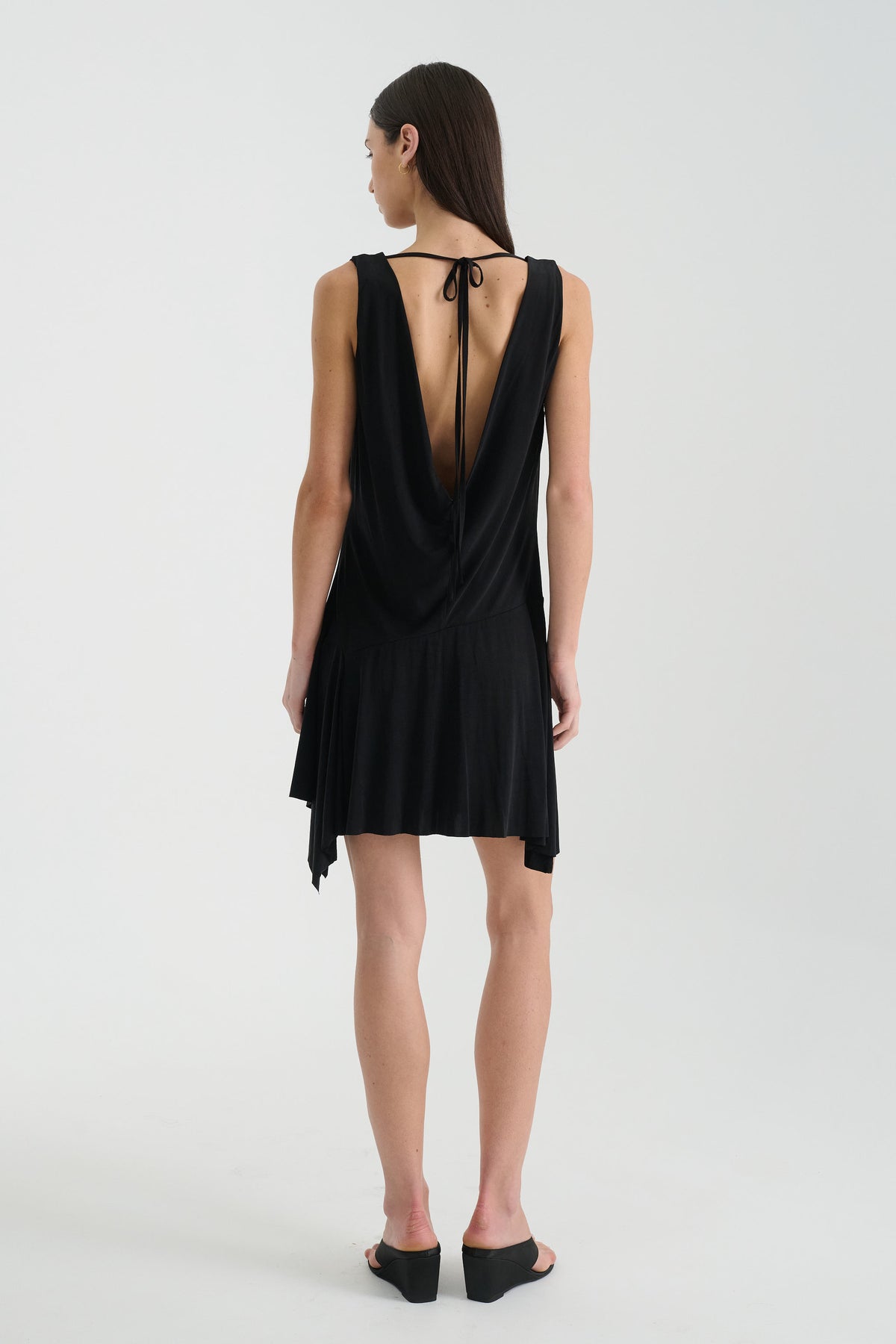 Juliette Cowl Back Mini Dress in Noir – open cowl back view