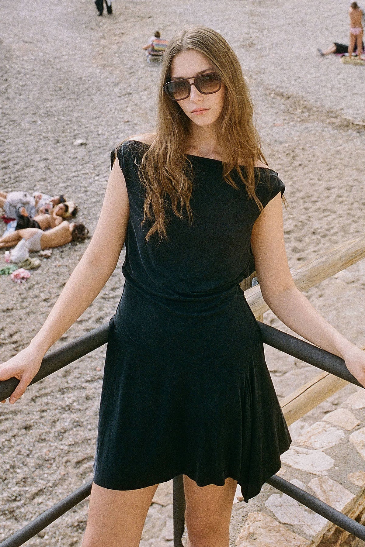 Juliette Cowl Back Mini Dress in Noir – Papillon campaign, Costa Brava