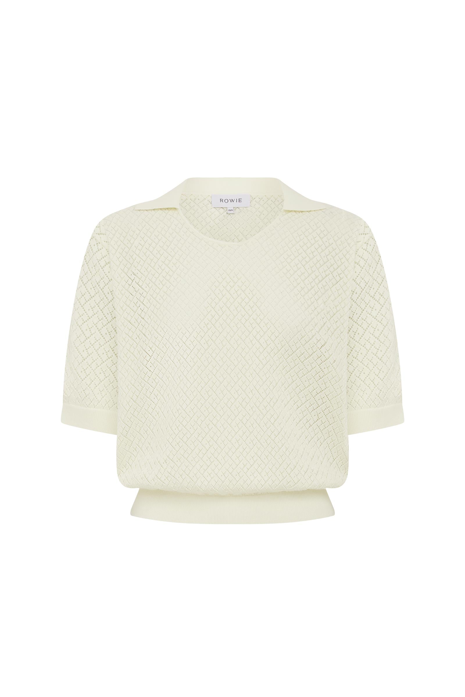 Cream-coloured, textured Loretta Pointelle Knit Top with a cropped cut and relaxed polo-style knit design, against a white background