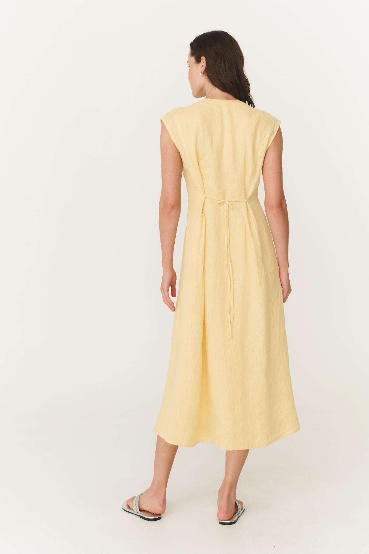 Mira Linen Midi Dress in Lemon Yellow with tie-back waist detail